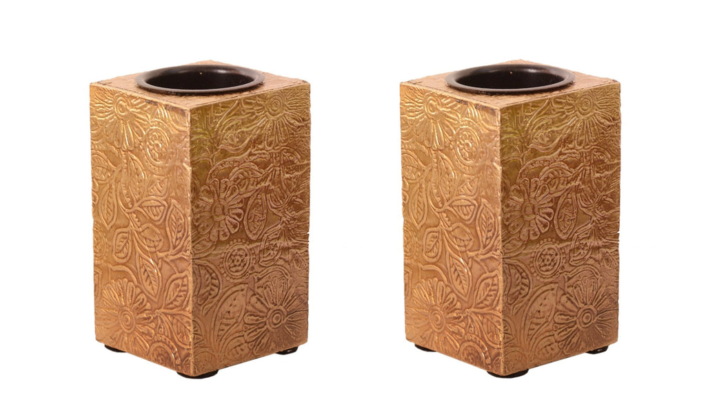Purpledip Wooden T Light Candle Holders With Brass Sheet Cover (Set Of 2) Golden, Indian Souvenir, Gift (10997)