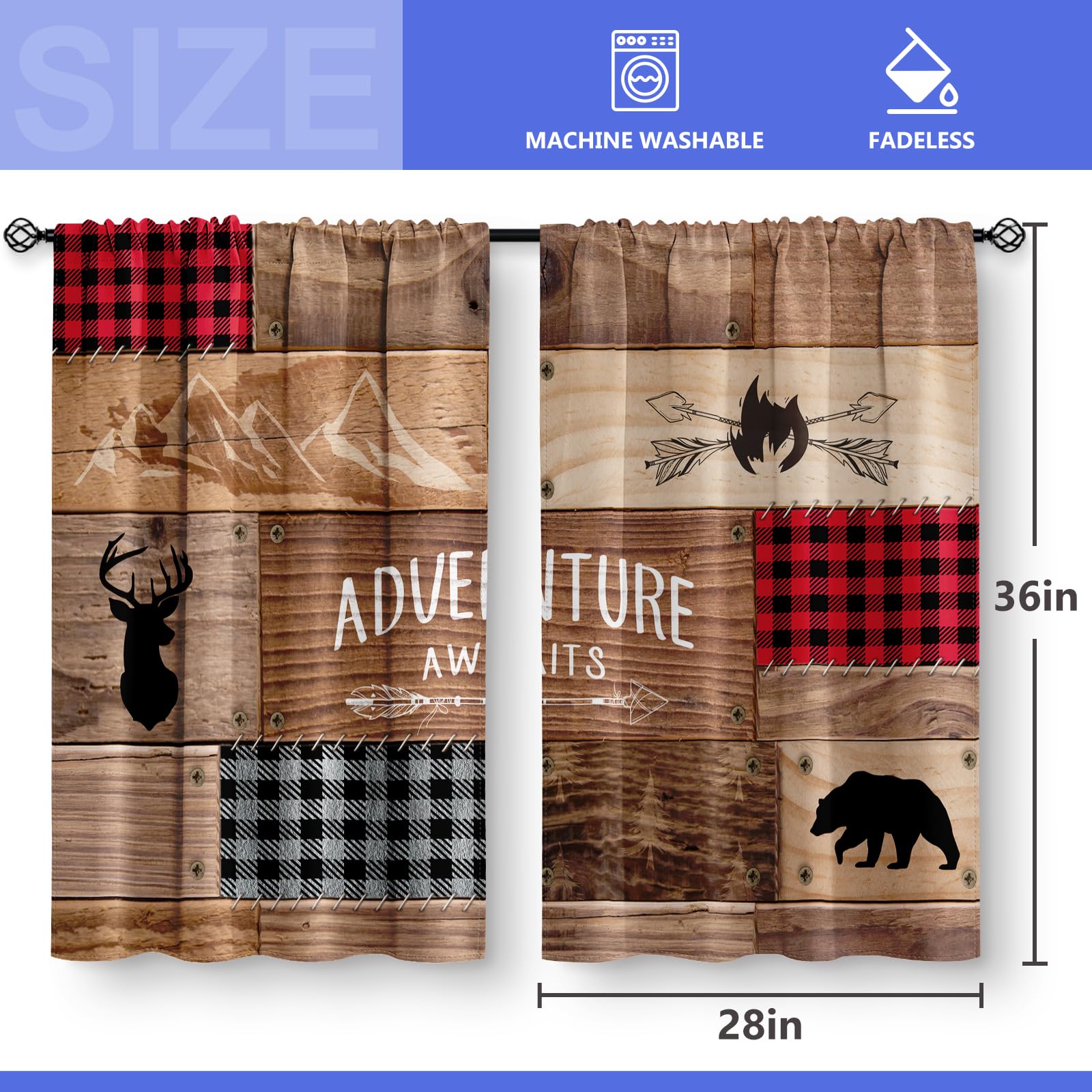 Aimego Rustic Wooden Kitchen Curtains - Farmhouse Cabin Bear Deer Country Retro Small Short Cafe Curtains Buffalo Plaid Tier Cur