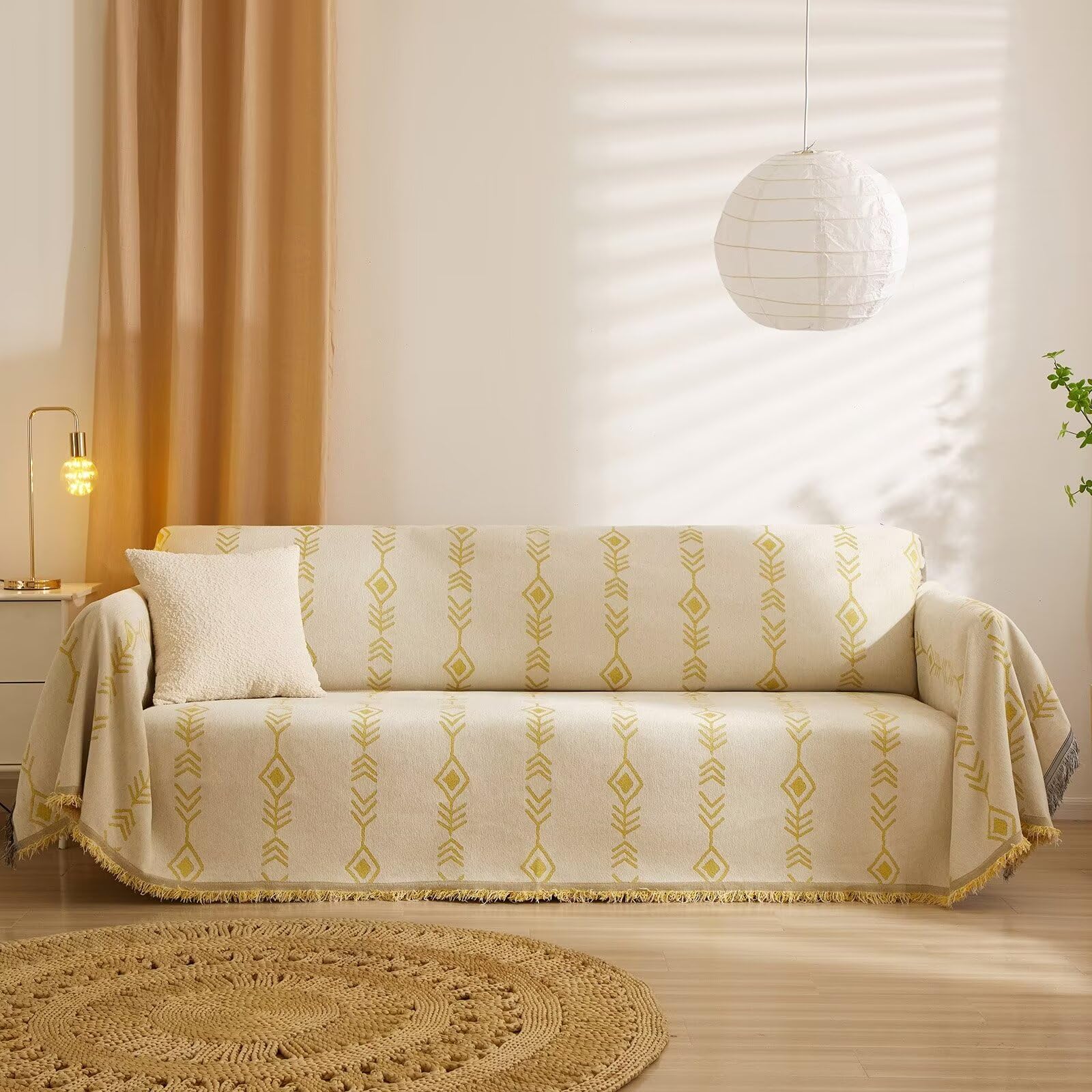 Vclife Boho Couch Cover Thick Soft Chenille Sofa Slipcover For 3-4 Cushion Couch Sofa Reversible Beige Yellow Herringbone Plaid