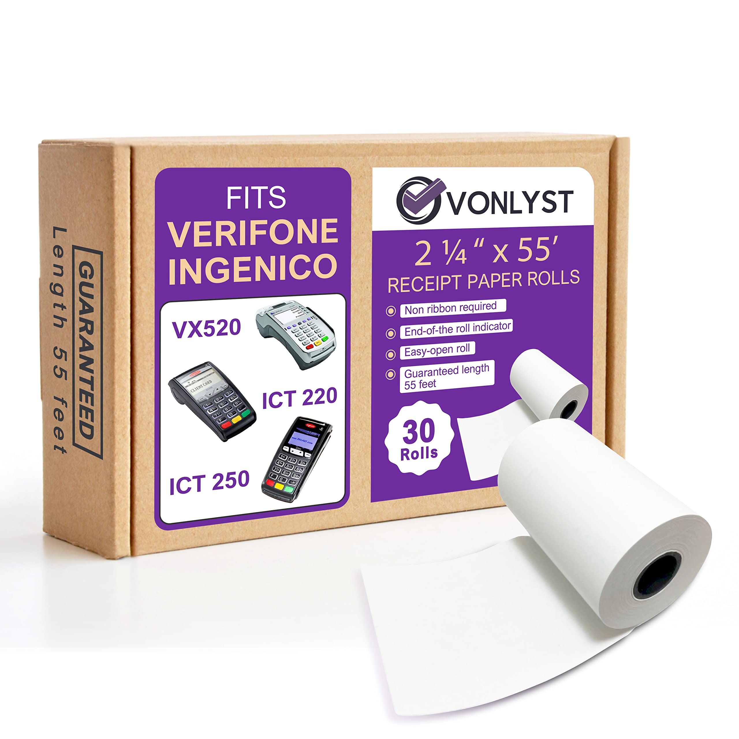Vonlyst Thermal Paper Roll 2 1/4 X 55 For Verifone Vx520 Ingenico Ict220 Ict250 Fd400 (30 Rolls)
