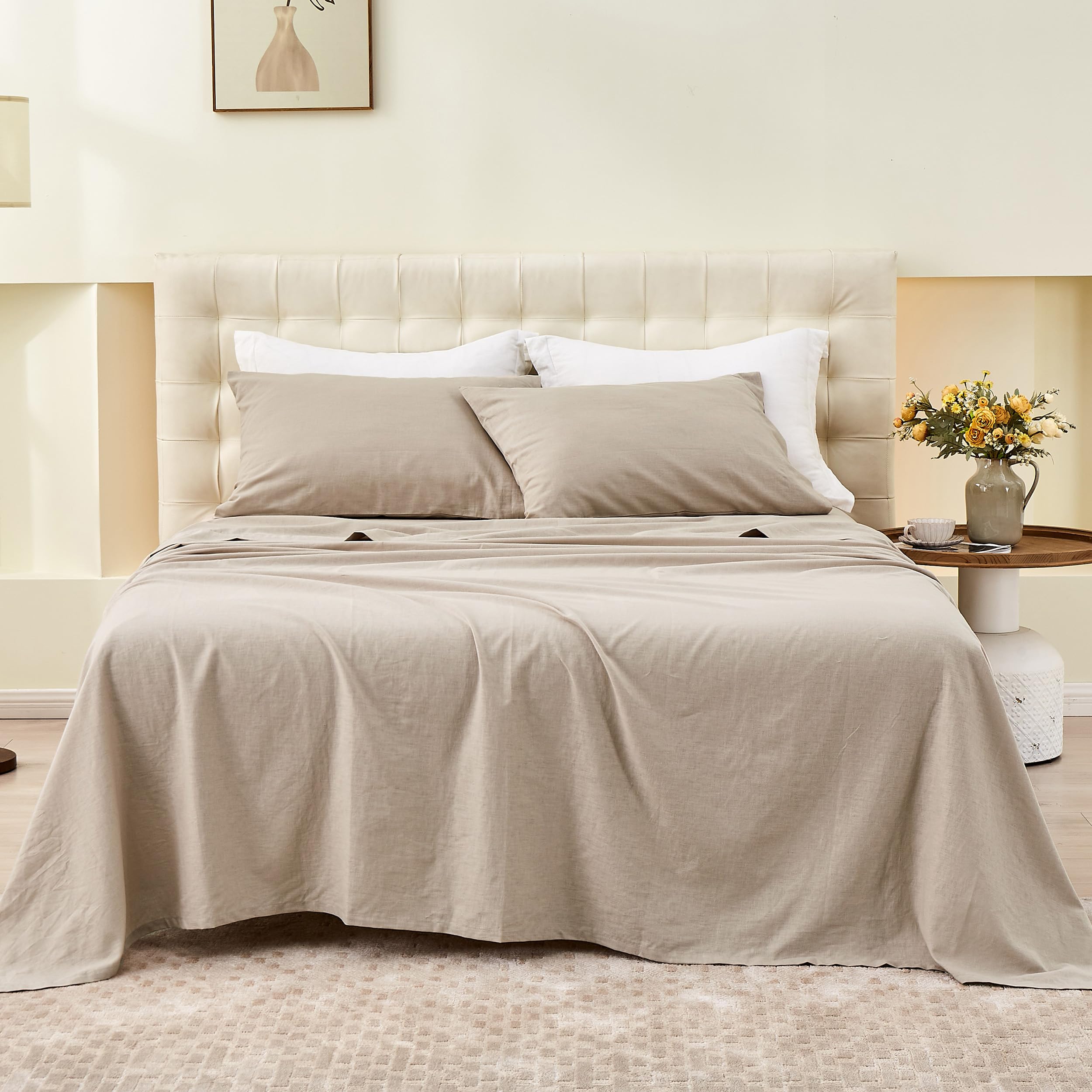 Simple&Opulence Belgian Linen Sheet Set Solid Color - Sheet Set 4Pc - Cal King Natural Flax Cotton Blend Soft Bedding Breathable Farmhouse - Khaki, California King
