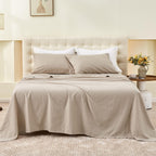 Simple&Opulence Belgian Linen Sheet Set Solid Color - 3 Pieces (1 Flat Sheet & 1 Fitted Sheet & 1 Pillowcase) Natural Flax Cotton Blend Soft Bedding Breathable Farmhouse - Khaki, Twin Size