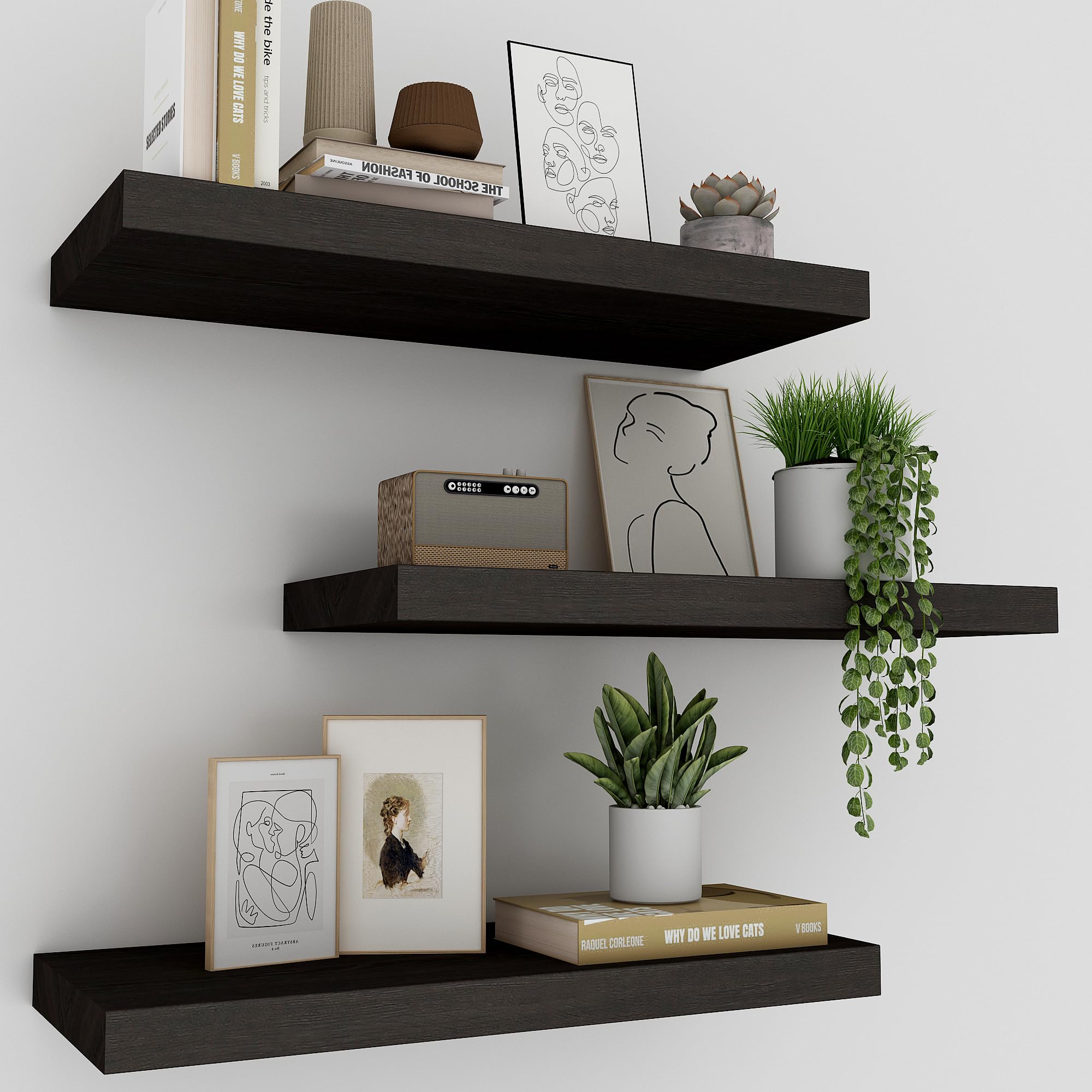 Upassion Black Floating Shelves for Wall Set of 3, 16'' Black Wall Shelves for Home Decor, Frame Display Wall Mounted White Floa