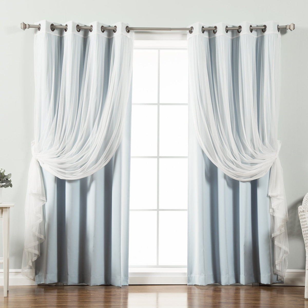 Best Home Fashion Umixm Tulle Sheer Lace & Blackout 4 Piece Curtain Set - Antique Bronze Grommet Top - Sky Blue - 52' W X 96'