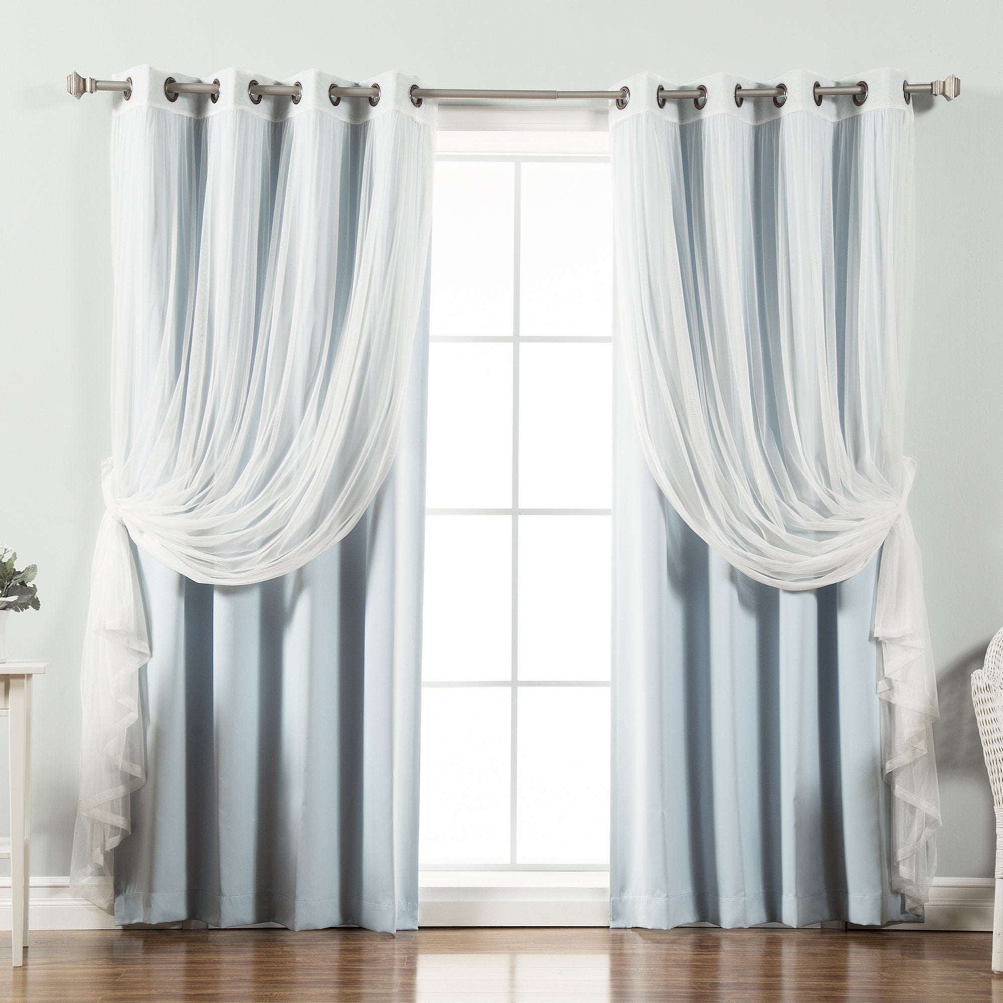 Best Home Fashion Umixm Tulle Sheer Lace & Blackout 4 Piece Curtain Set - Antique Bronze Grommet Top - Sky Blue - 52' W X 96'