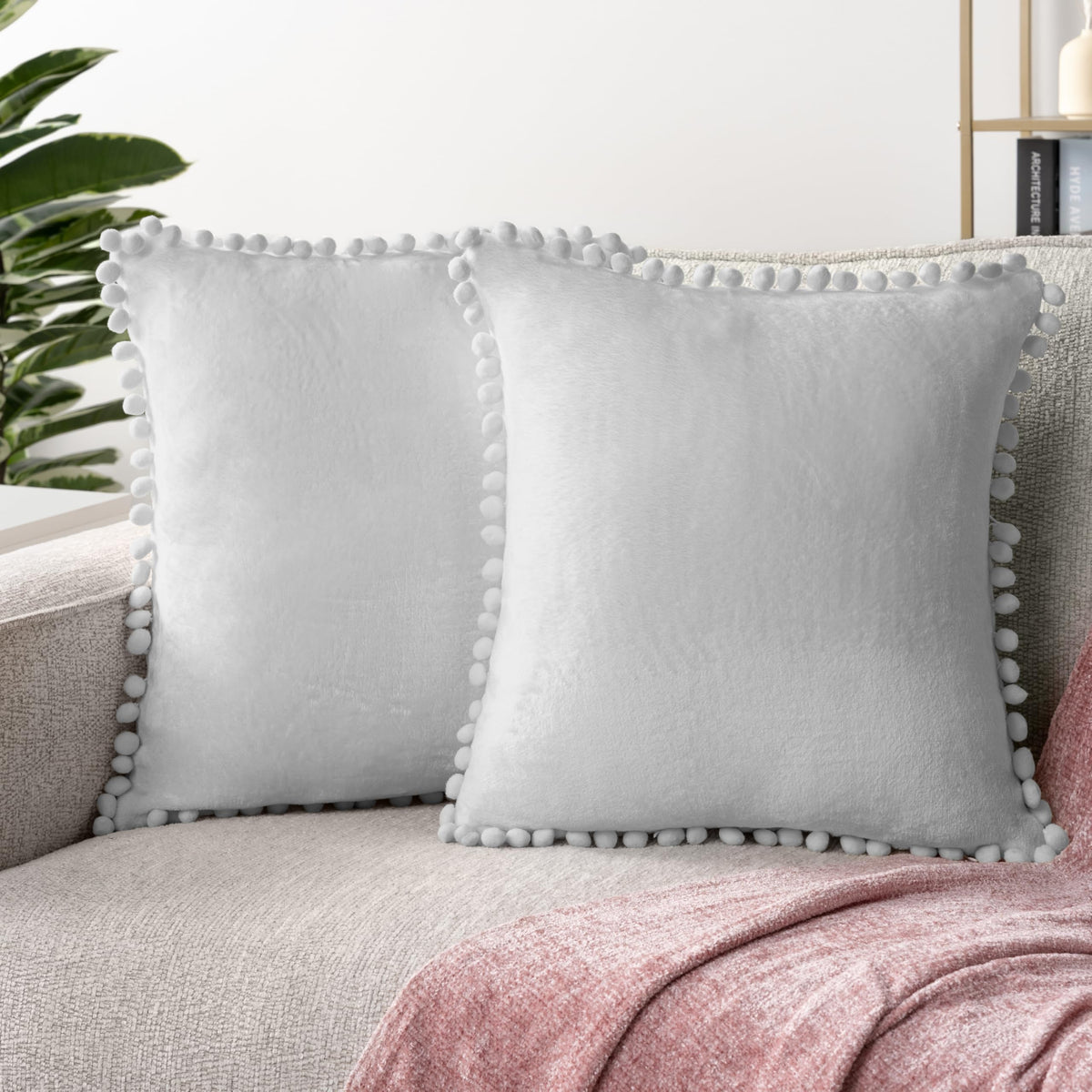 Pavilia Light Gray Throw Pillow Covers With Pom Pom 18X18 Set Of 2, Decorative Pillow Cases For Bedroom Aesthetic, Small Throw P
