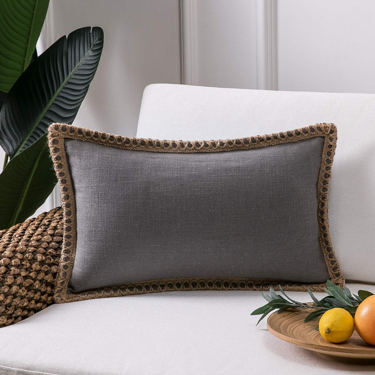 Phantoscope Farmhouse Solid Throw Decorative Pillow Cover Burlap Linen Trimmed Tailored Edges Outdoor Pillow Grey 12 X 20 Inches