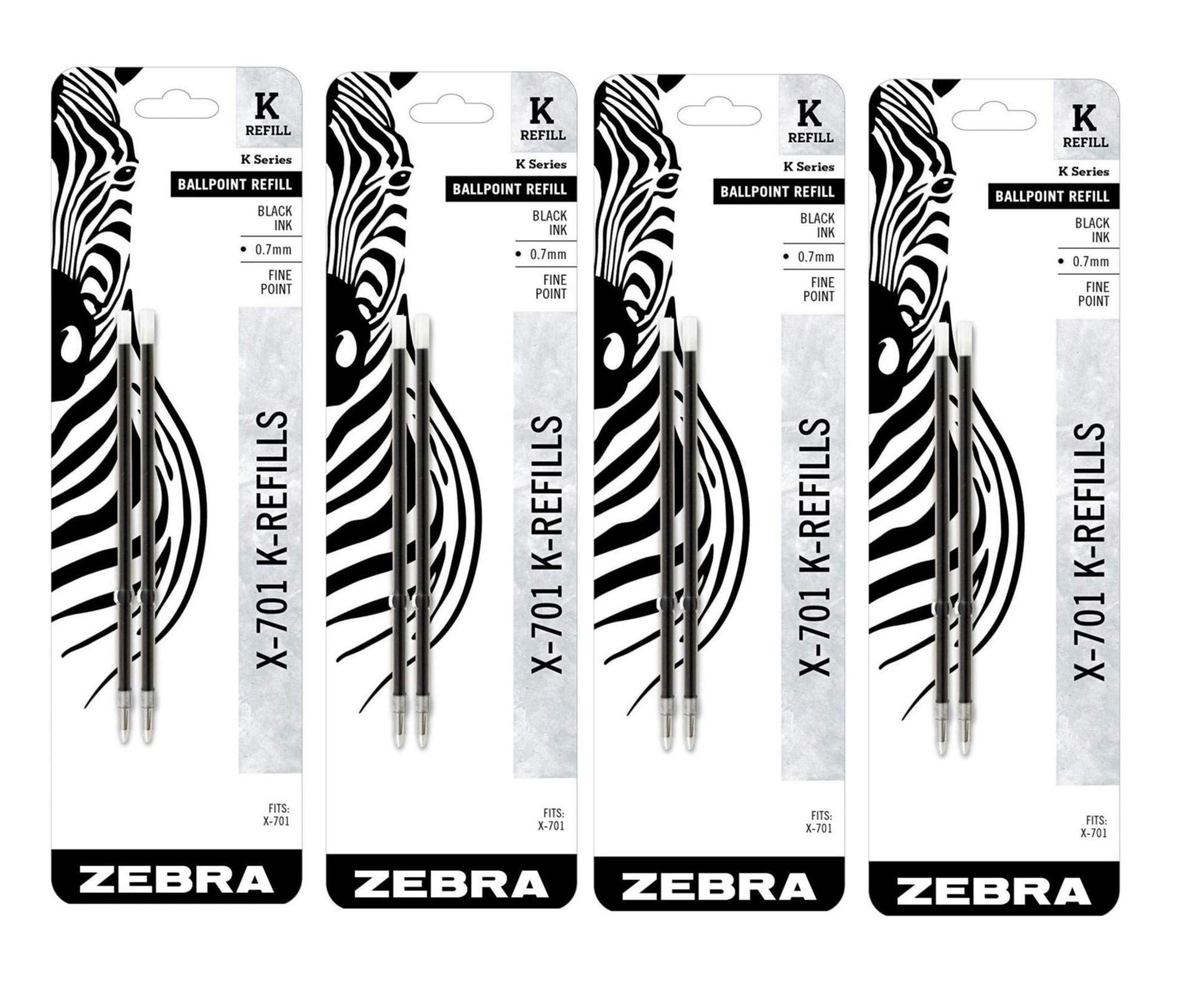 Zebra Pen Ballpoint Pen Refills K-Refills For X-701, 0.7 Mm, Black Ink, 4 Pack, 8 Refills Total