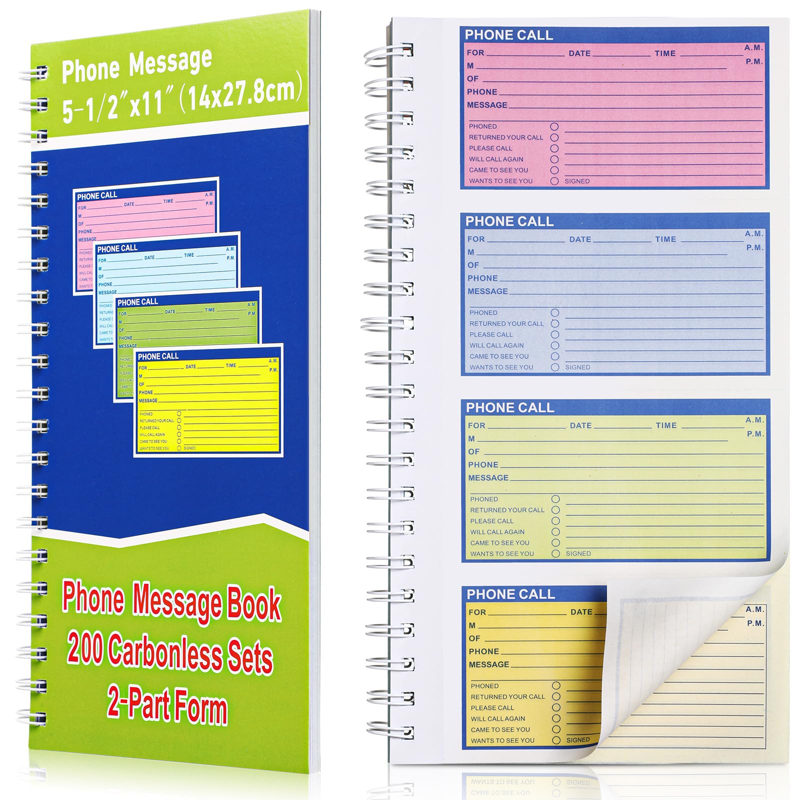 Sinmoe 1 Pcs Spiral Bound Phone Message Book 5-1/2' X 11' 2 Part Colorful Carbonless Phone Message Pads Spiral Phone Call Log