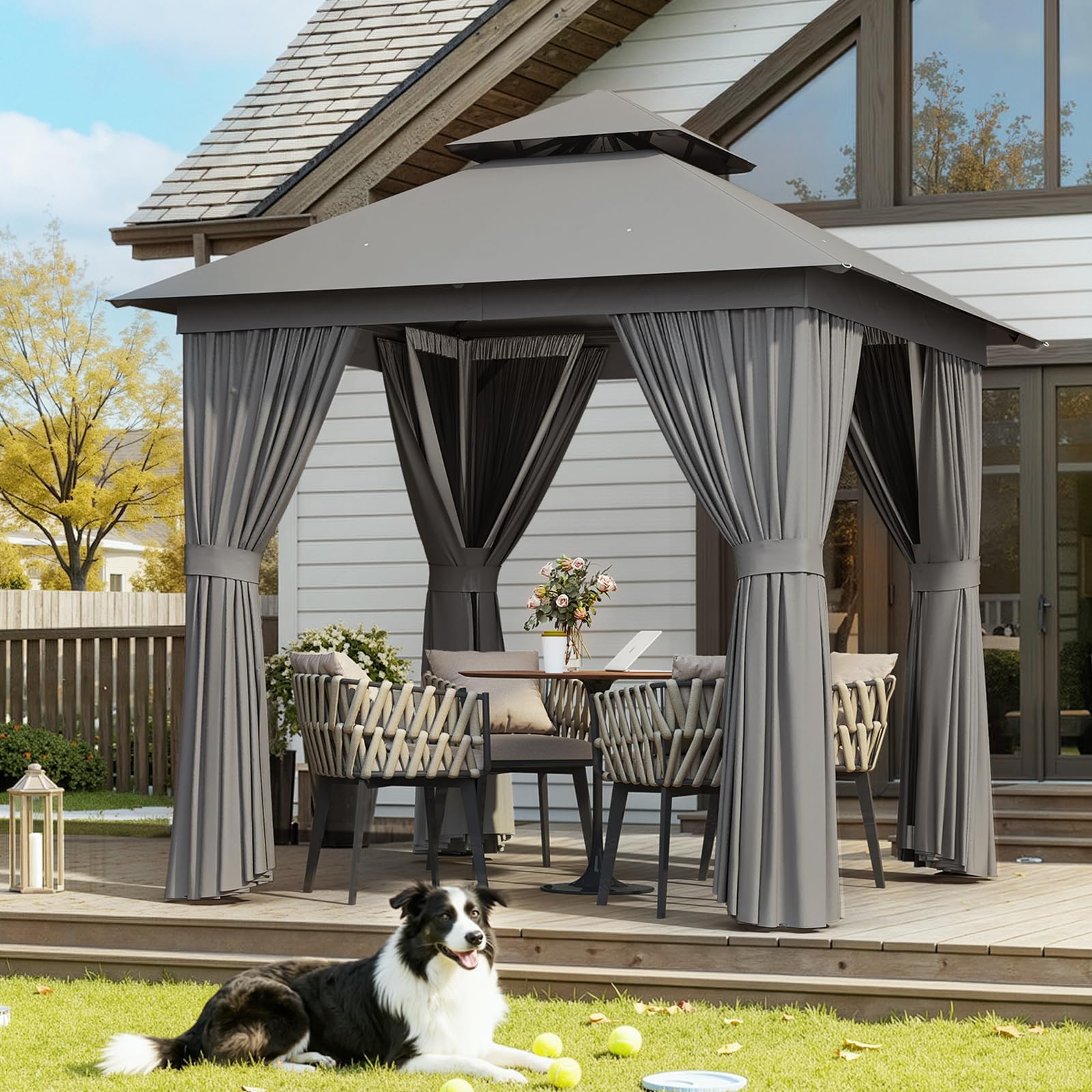 Aoxun 8x8 Outdoor Gazebo for Patio, Metal Frame Canopy Gazebo Double Roof Heavy Duty Small Gazebo, Backyard Gazebo with Mosquito