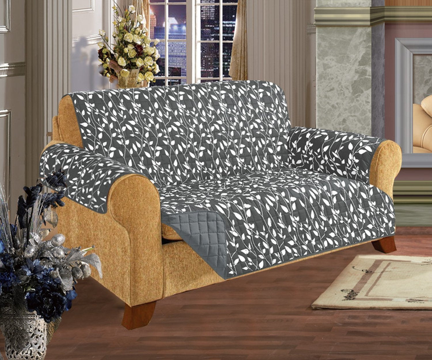 Elegant Comfort Quilted Pet Dog Children Kids Furniture Protector Slip Cover, Leaf Design Gray Love Seat