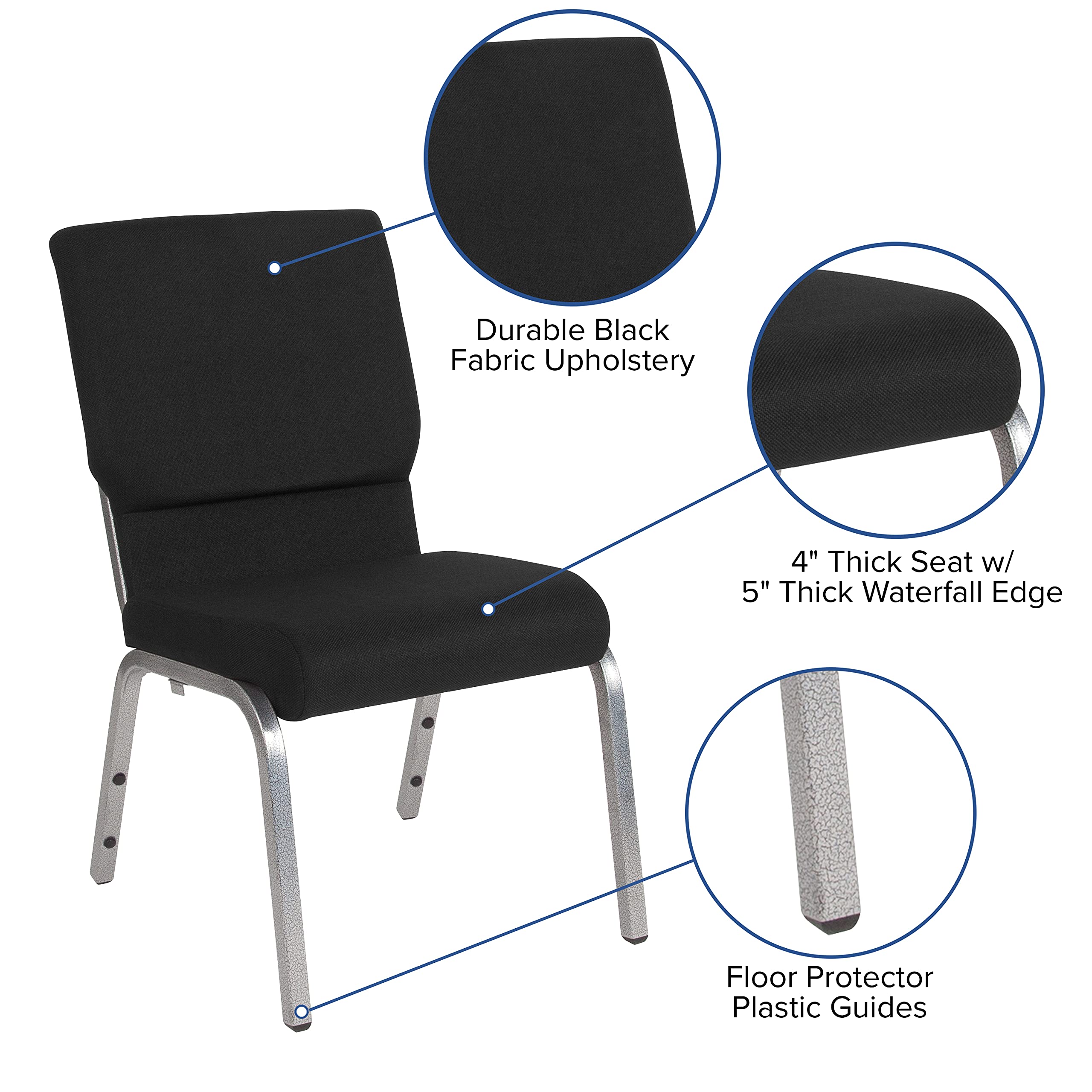 Flash Furniture HERCULES Series 18.5''W Stacking Church Chair in Black Fabric - Silver Vein Frame