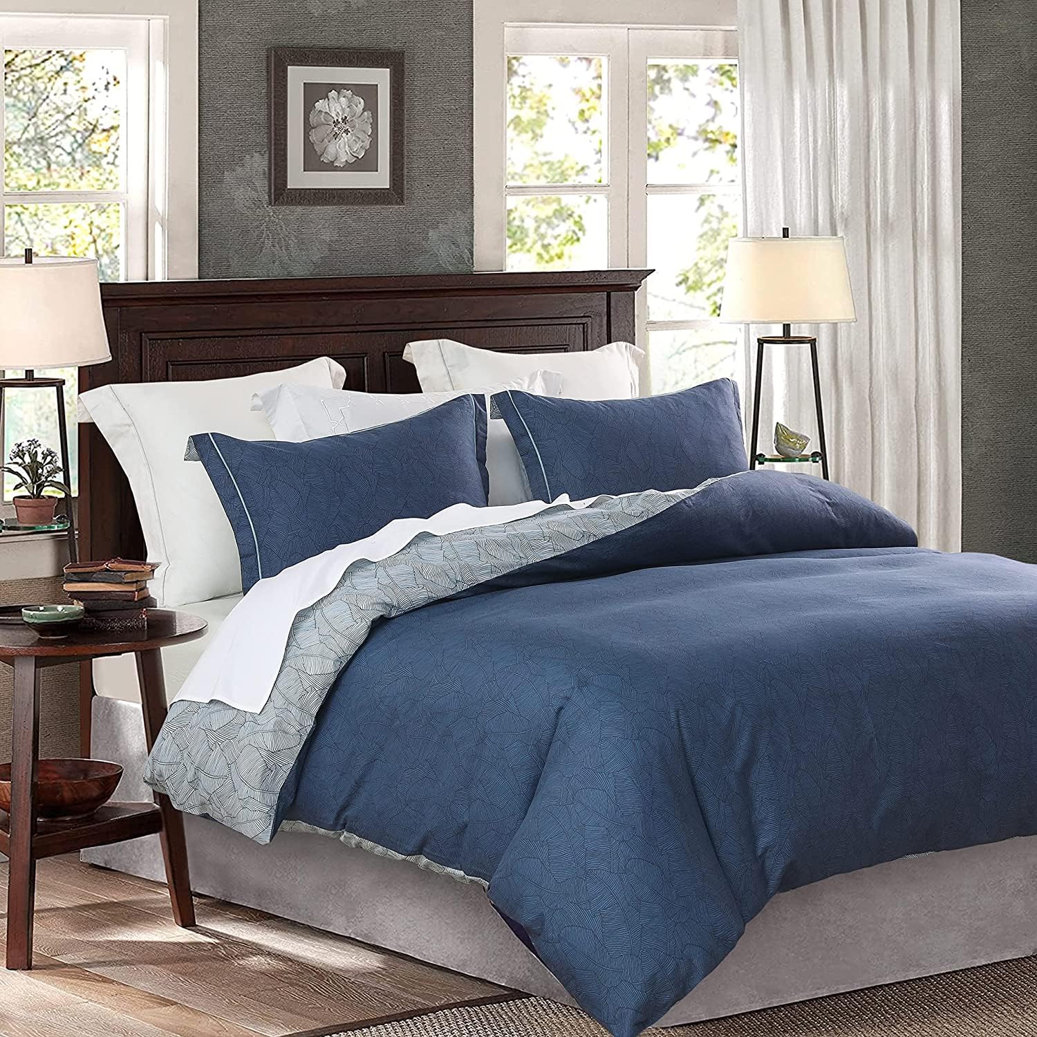 Sleepbella Comforter Twin Size, 600 Thread Count Cotton Navy & Grey Leaves Reveisible Comforter Sets, Down Alternative Bedding S