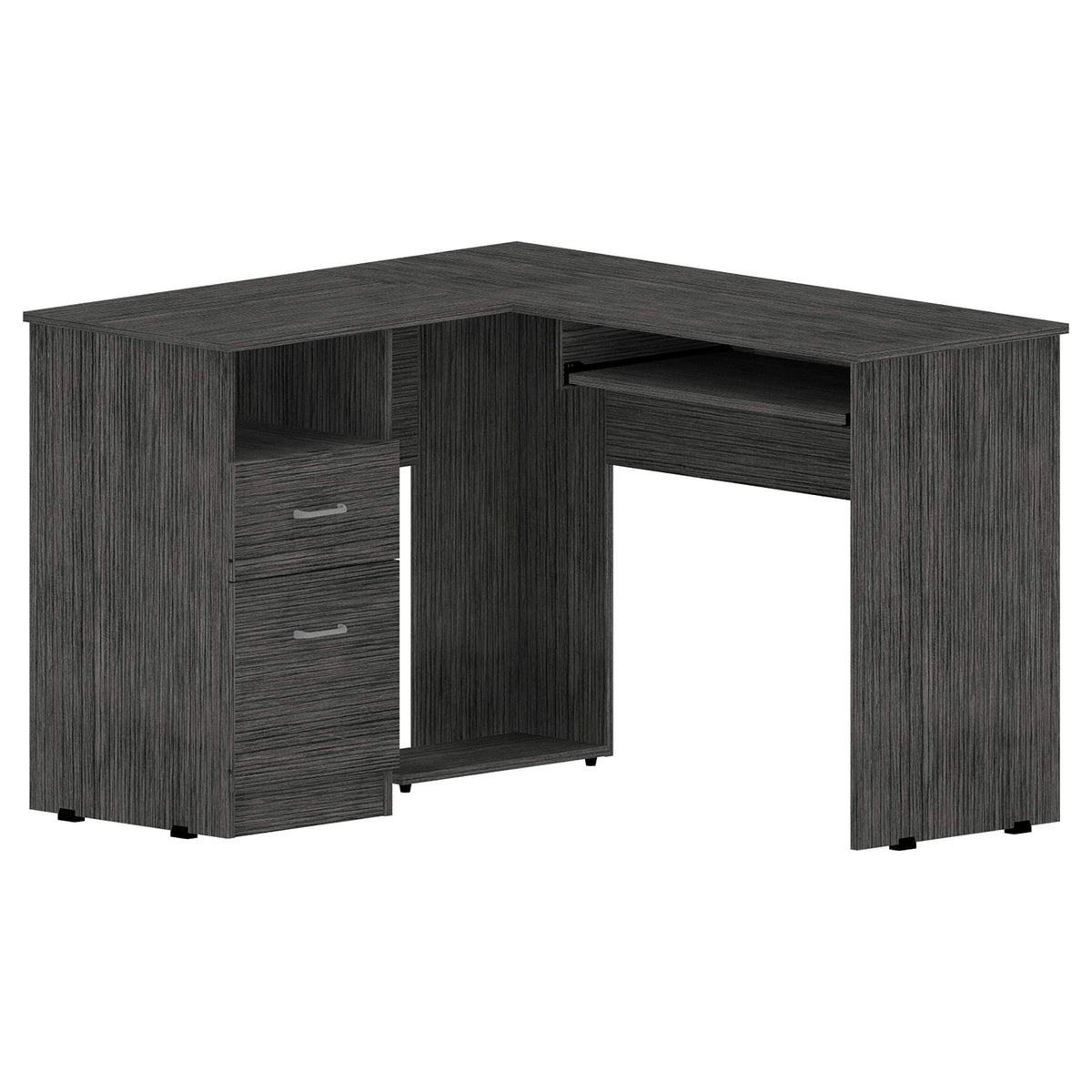 Idra L-Shaped Desk with Keyboard Tray, 2 Drawers, and Open Shelf, Smokey Oak