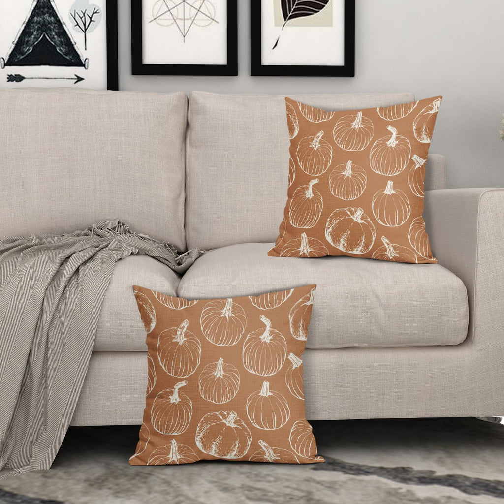 Fall Pumpkin Pillow Covers 18X18 Set Of 2 Autumn Themed Thanksgiving Harvest Burnt Orange Print Decorative Throw Pillows Outdoor