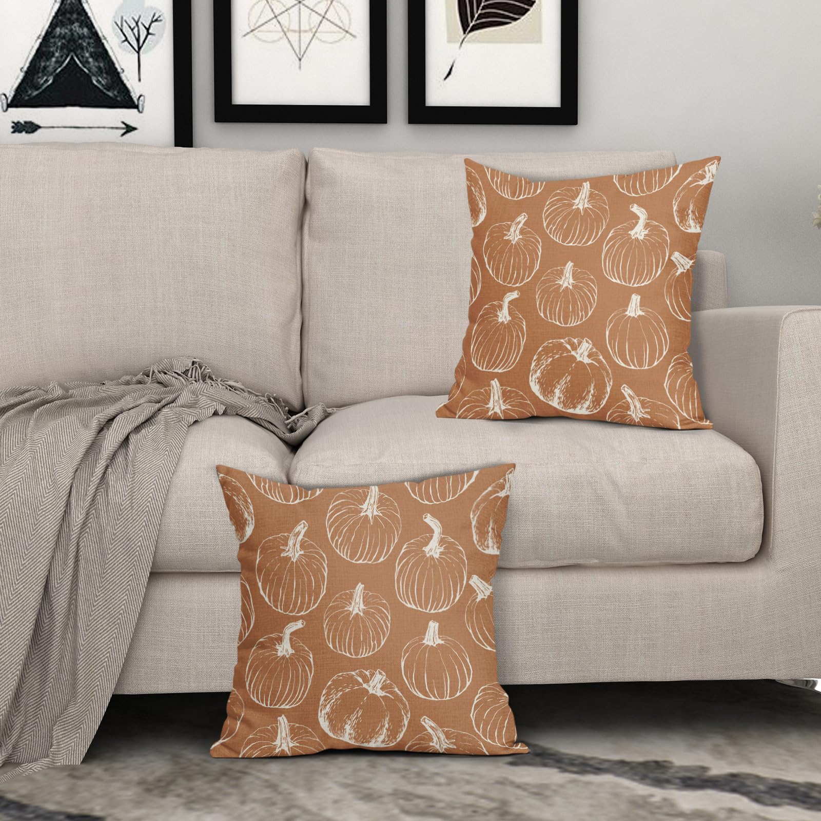Fall Pumpkin Pillow Covers 18X18 Set Of 2 Autumn Themed Thanksgiving Harvest Burnt Orange Print Decorative Throw Pillows Outdoor