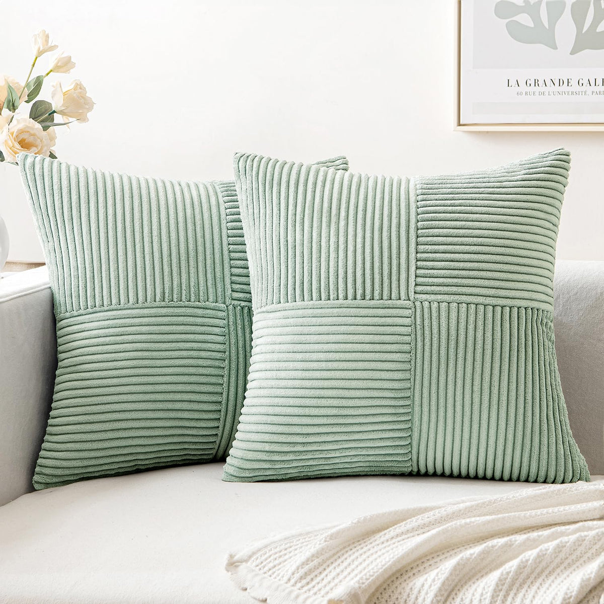 Miulee Mint Corduroy Pillow Covers Pack Of 2 Boho Decorative Spliced Throw Pillow Covers Soft Solid Couch Pillowcases Cross Patc