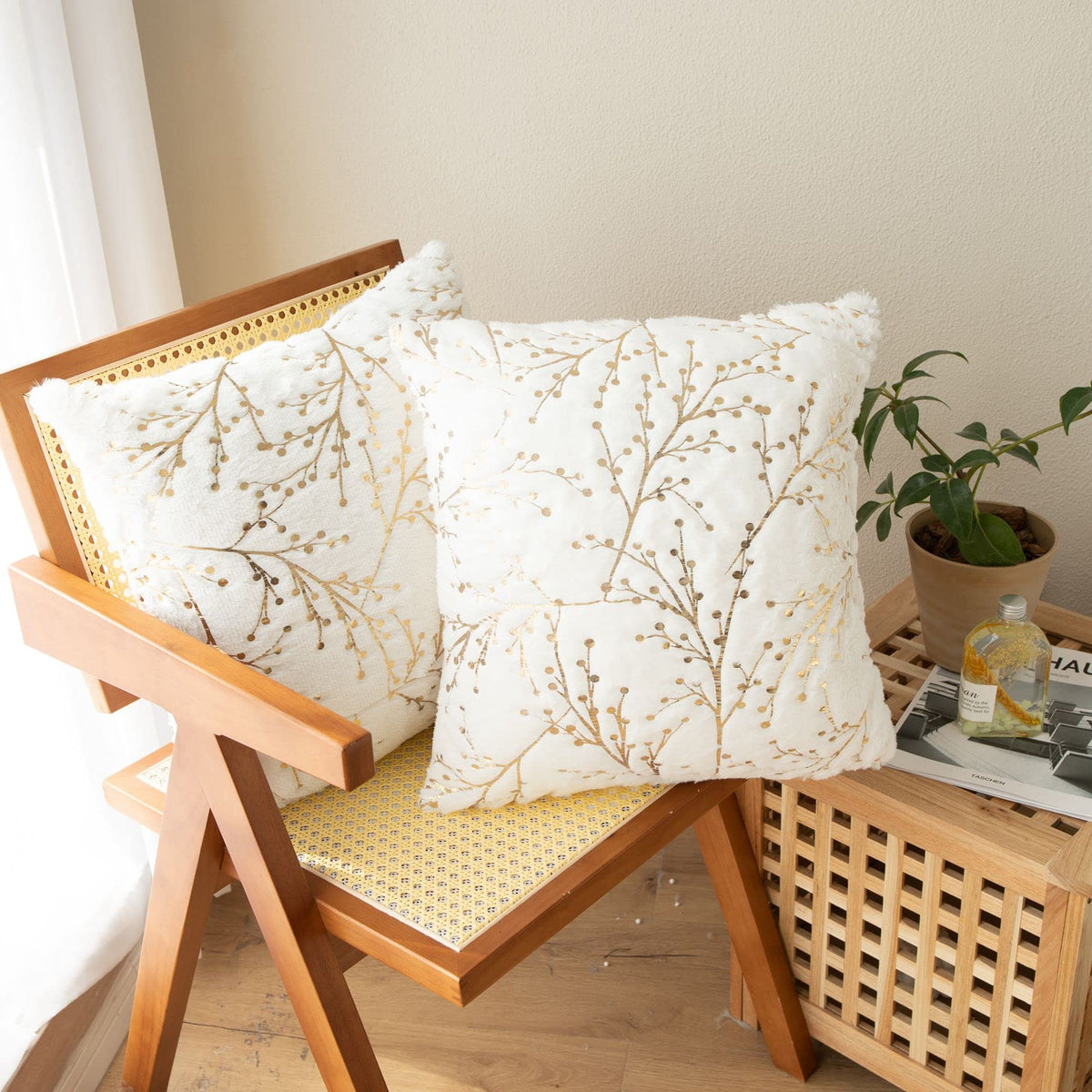 Ligicky Set Of 2 White Fluffy Pillow Covers Faux Fur With Gold Branches Glitter Throw Pillows Decorative Soft Furry Sparkling Sq