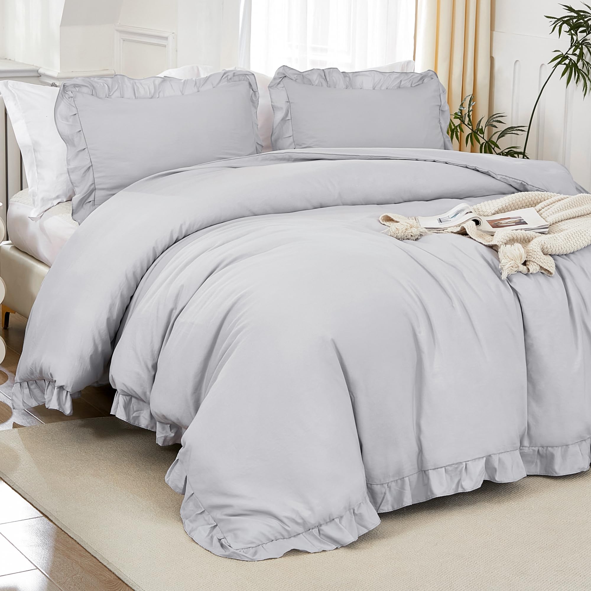 Litanika Light Grey Queen Comforter Set, 3 Pieces Ruffle Farmhouse Aesthetic Bedding Comforter Set, All Season Soft Lightweight 
