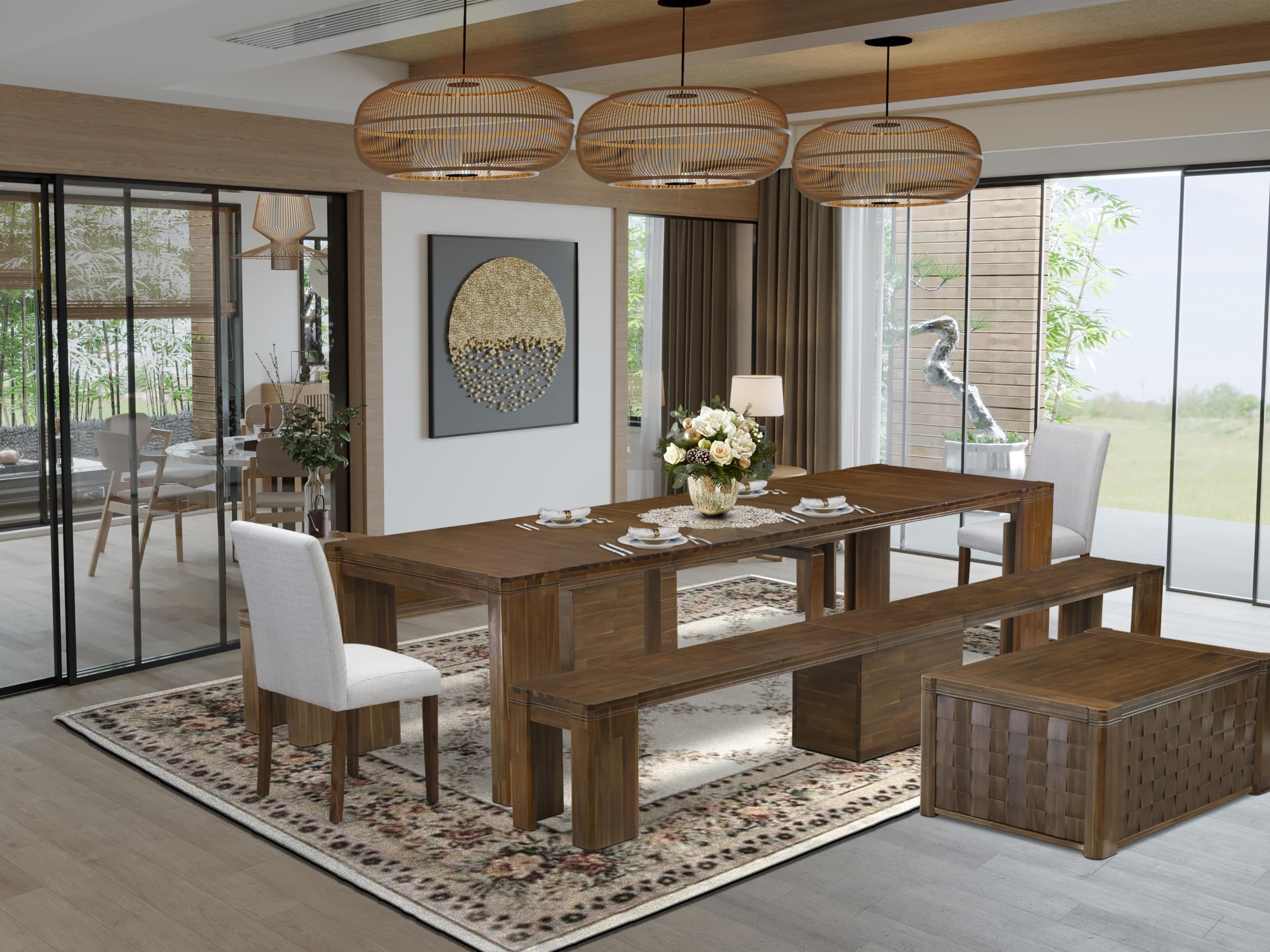 Luxe by East West Furniture - X02AB-2C8-05 - 6 Pieces Dining Set Includes an Extendable Rectangle Kitchen Table, 1 Coffee Table, 2 Dining Chairs and 2 Modern Benches, 39x120 Inch, Antique Walnut