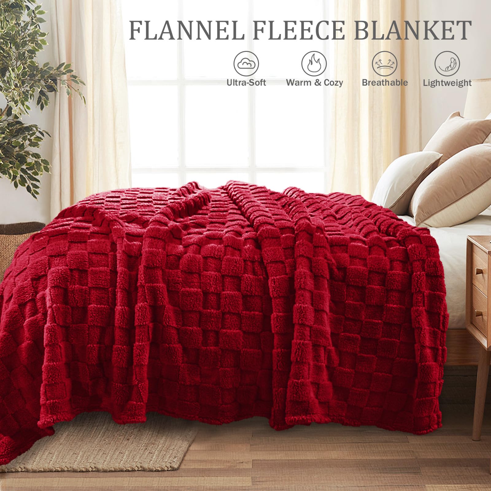 Exclusivo Mezcla King Size Flannel Fleece Blanket, Super Soft 3D Checkered Jacquard Bed Blanket, Cozy Fluffy Lightweight Blanket