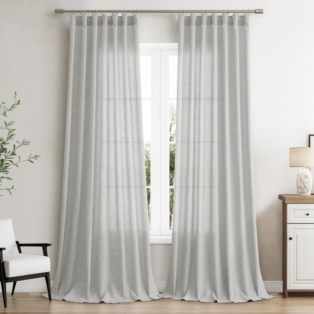 Joywell Silver Hook Belt Linen Semi Sheer Curtains 108 Inches Length Long Rod Pocket Back Tab Hook Belt Clip Rings Window Curtains Drapes For Bedroom Living Room 2 Panels 52X108