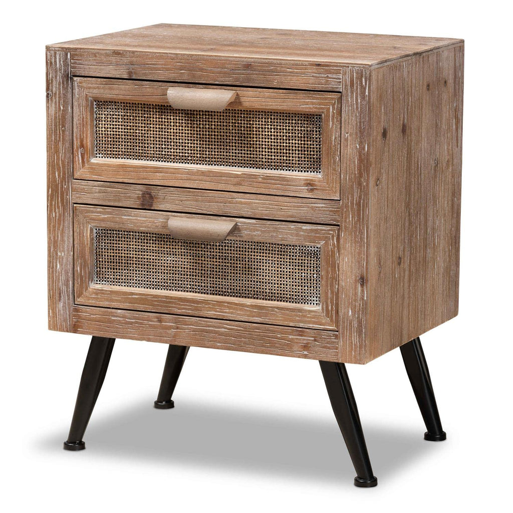 Baxton Studio Calida Mid-Century Modern Whitewashed Natural Brown Finished Wood and Rattan 2-Drawer Nightstand