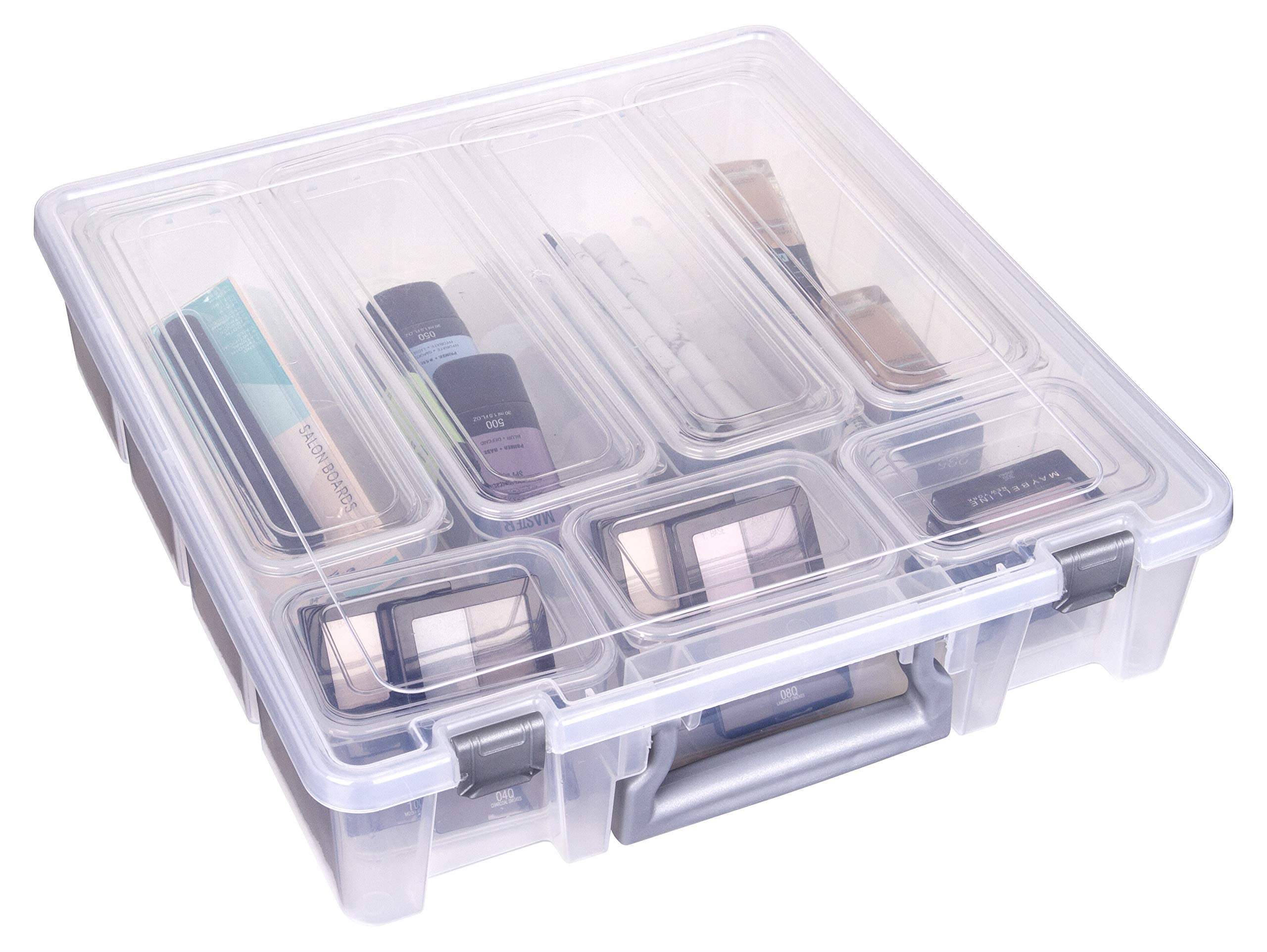 Ab Designs 6967Abd Super Satchel With 9 Mixed Bins Inside, Stackable Home Storage Organization Container, Clear With Sliver Latc