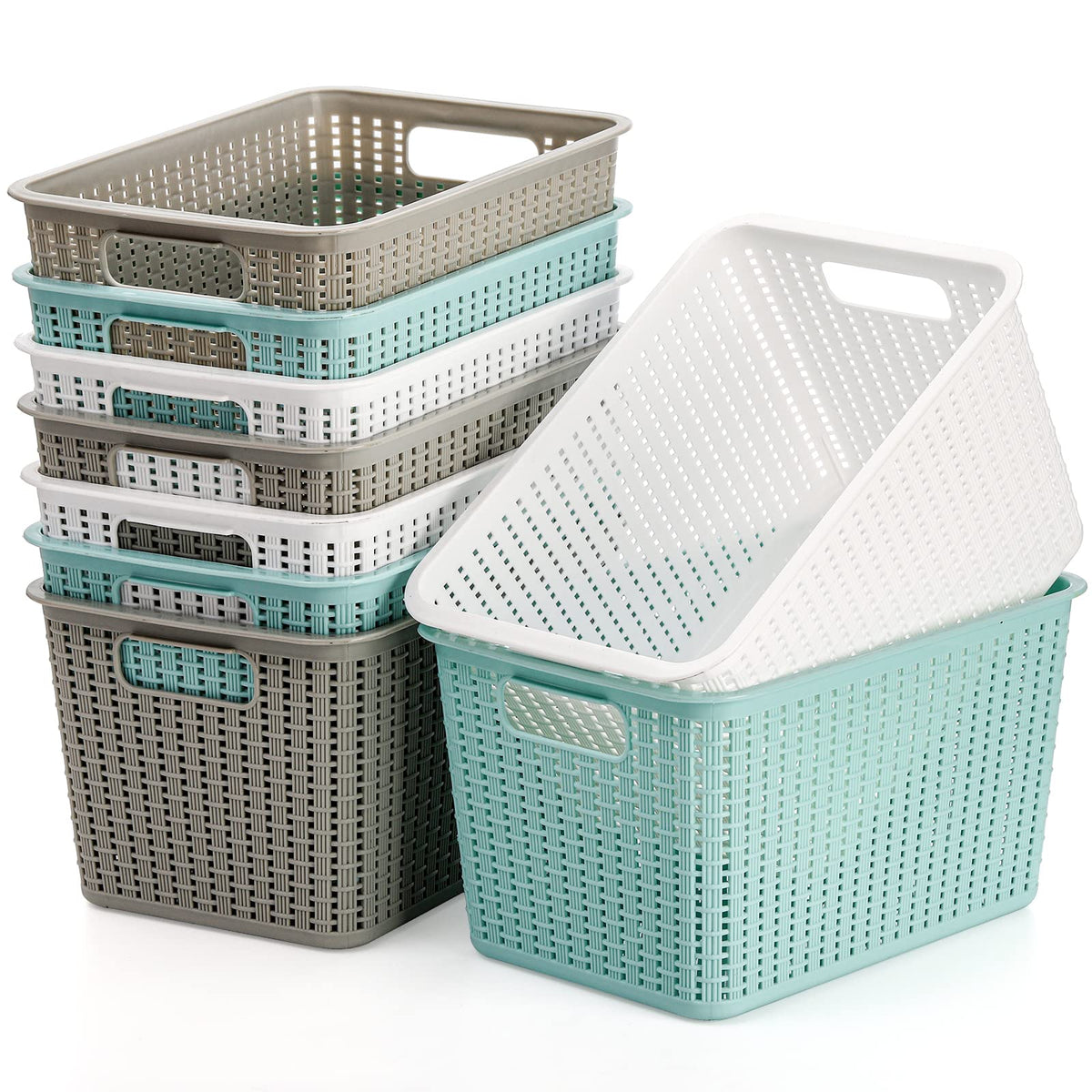 WUWEOT 9 Pack Plastic Storage Basket Bins Organizer, Cabinet and Shelf Basket with Handle,10 L x 6.8 W x 5.5 H, 3 Colors