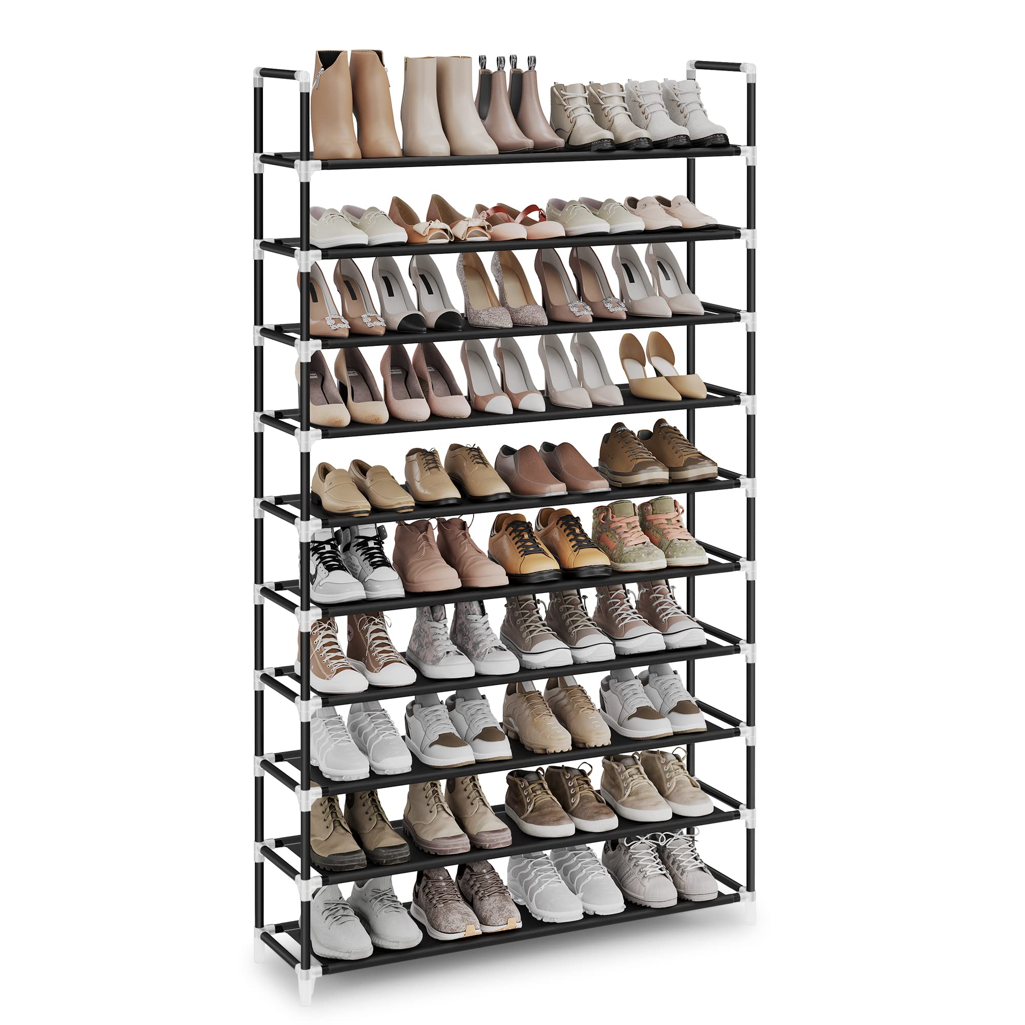 SONGMICS 10-Tier Shoe Rack, Shoe Storage for Hallway Closet, Slim and Space-Saving, Metal Frame, Non-Woven Fabric Shelves, Black