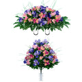 Sympathy Silks Artificial Cemetery Flowers - Realistic Vibrant Tulips Outdoor Grave Decorations - 1 Pink Tulip Purple Iris Bouqu