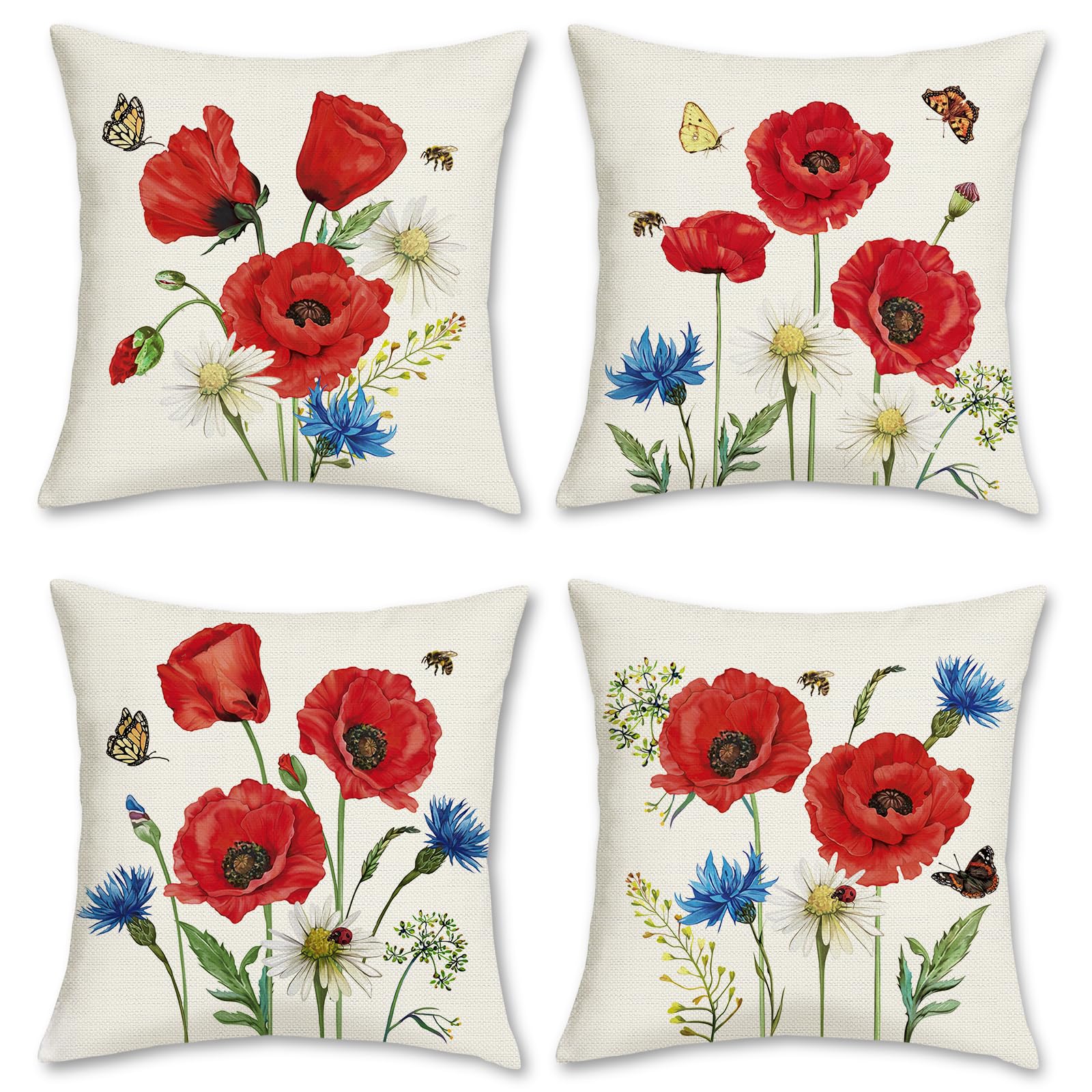 Bonhause Poppy Floral Pillow Covers 18X18 Set Of 4 Spring Red Flowers Gifts Decorative Throw Pillow Cases Polyester Linen Outdoo