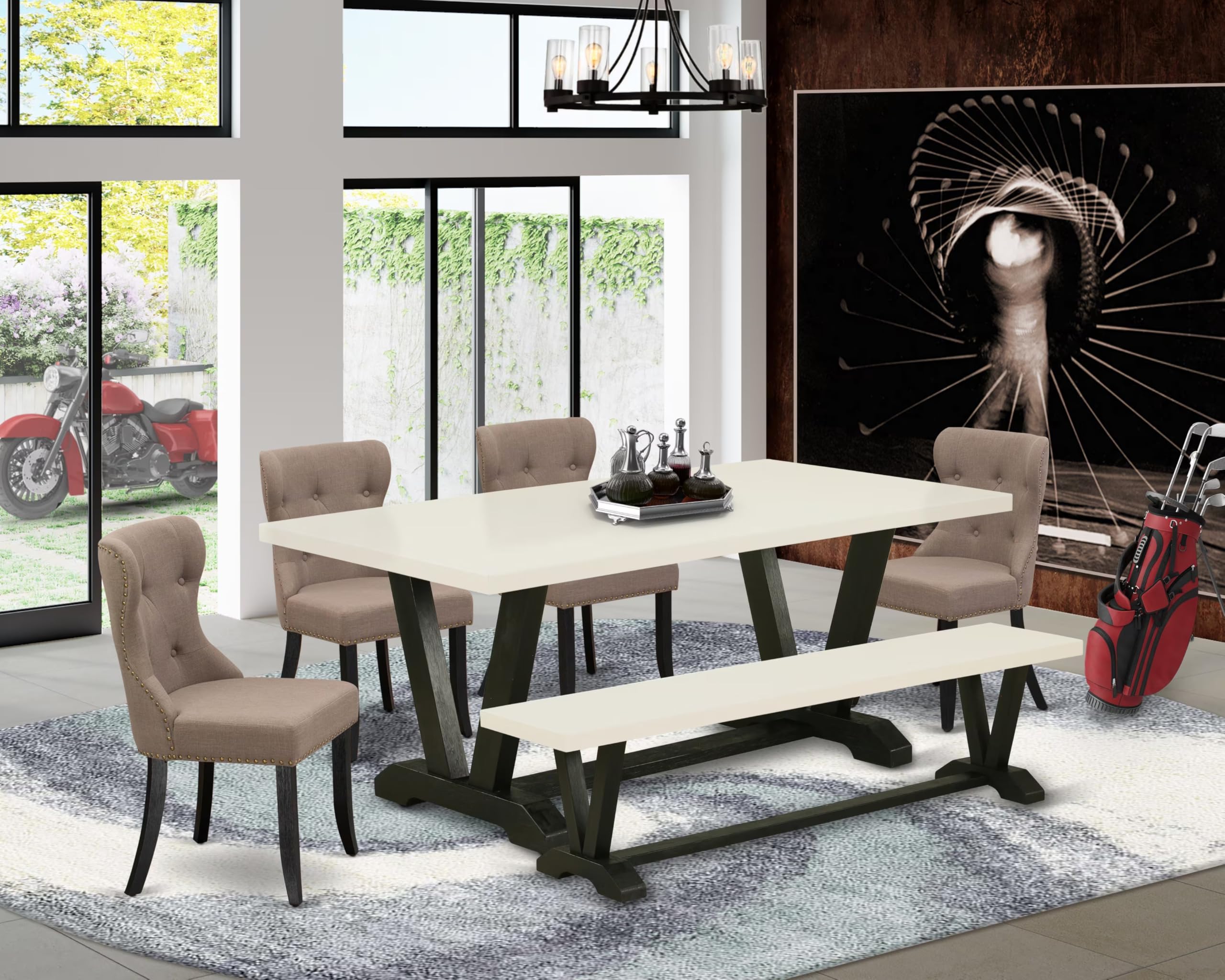 East West Furniture V627Si648-6 6 Piece Kitchen Table Set Contains A Rectangle Dining Table With V-Legs And 4 Coffee Linen Fabric Parson Chairs With A Bench, 40X72 Inch, Multi-Color