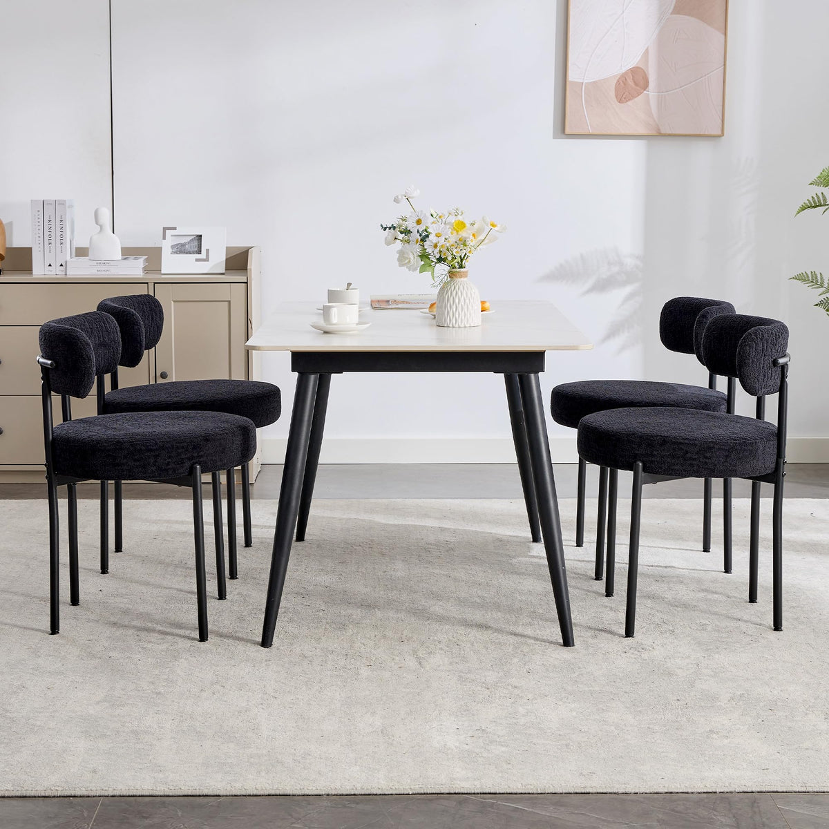 Dyhome Black Dining Chairs Set Of 4, Boucle Dining Chairs Round Upholstered Curved Backrest, Modern Kitchen Dining Room Chairs W