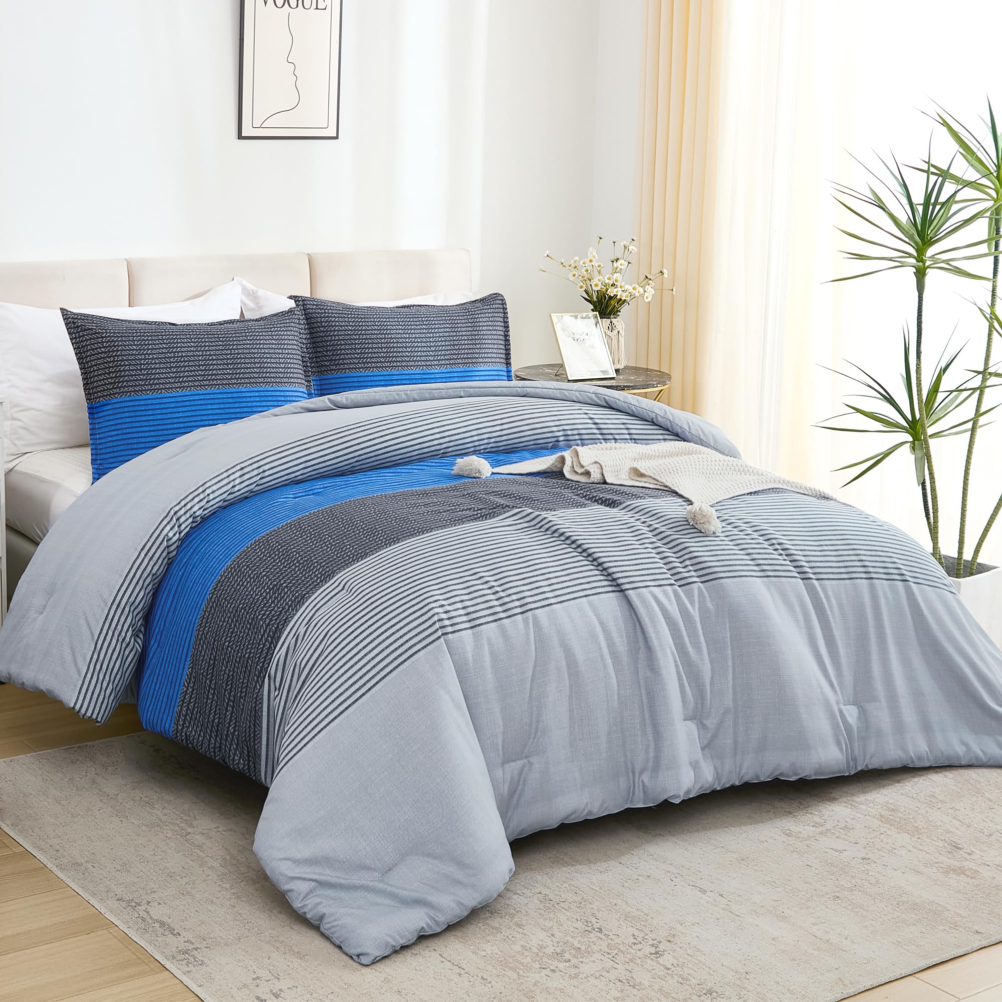 Litanika Blue Grey Bed Comforter Twin Set, Xl Twin Comforter Boys Men Striped Bedding Comforter Set, 2 Pieces Lightweight Soft A