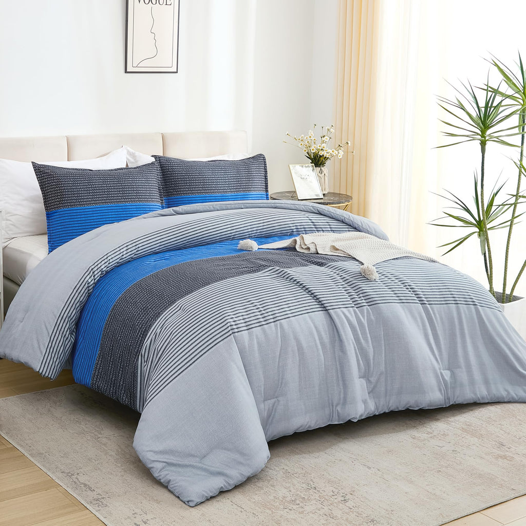 Litanika Blue Grey Bed Comforter Twin Set, Xl Twin Comforter Boys Men Striped Bedding Comforter Set, 2 Pieces Lightweight Soft A