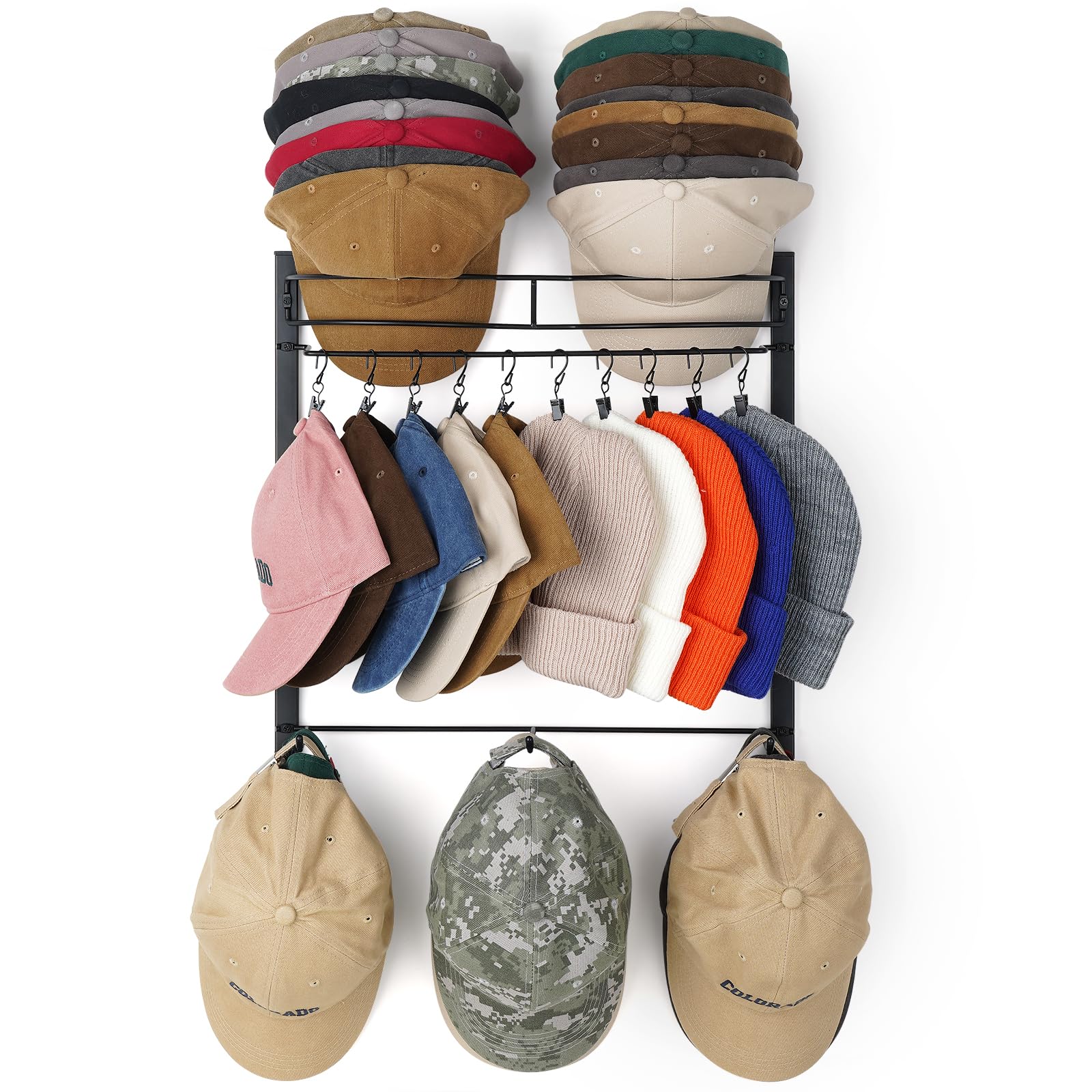 HYDERMUS Hat Rack for 45 Baseball Caps with 10 Clips 3 Tier Hat Organizer for Wall Multi-functional Hat Hanger Metal Hat Holder 