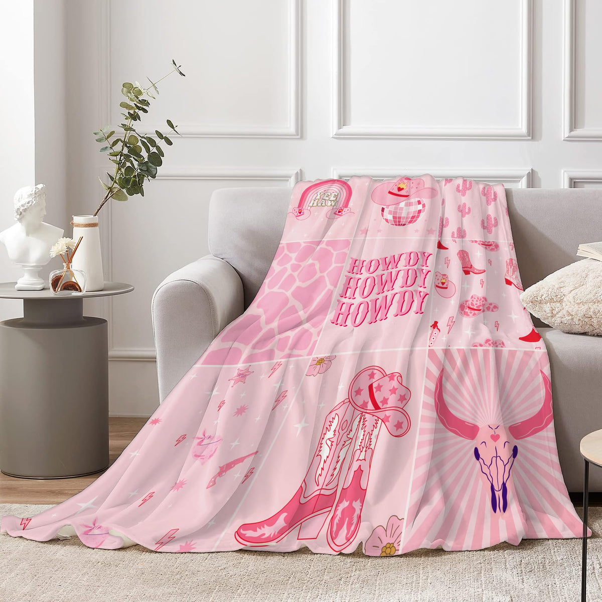 Miyotaa Cowgirl Howdy Flannel Blanket 50Wx60H Inch Gift Preppy Cool Teen Girls Hot Pink Western Y2K Boots Modern Soft Warm Fuzzy