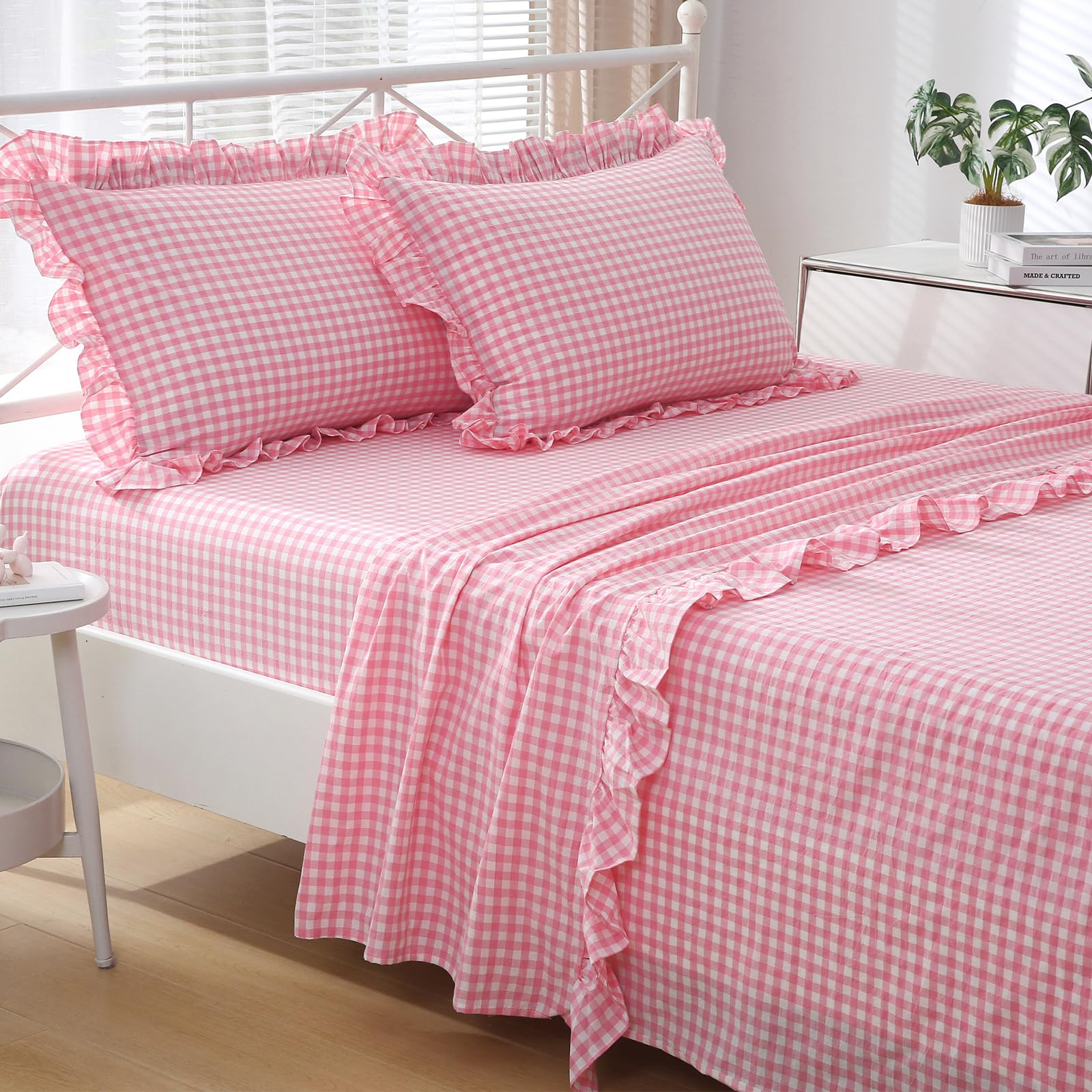 K Masaniji Coral Pink White Plaid Ruffle Gingham Sheets Queen Size 4-Piece Set, 300Tc 100% Yarn Dyed Cotton Sheets Deep Pocket F