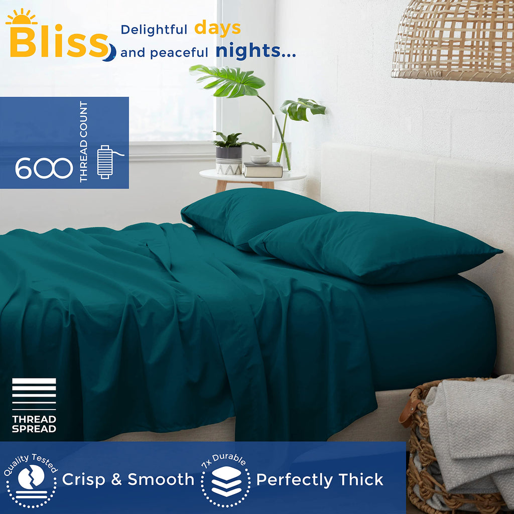 600 Thread Count Egyptian Quality 100% Cotton Sheets Set, Twin Size Bedding Set In Teal