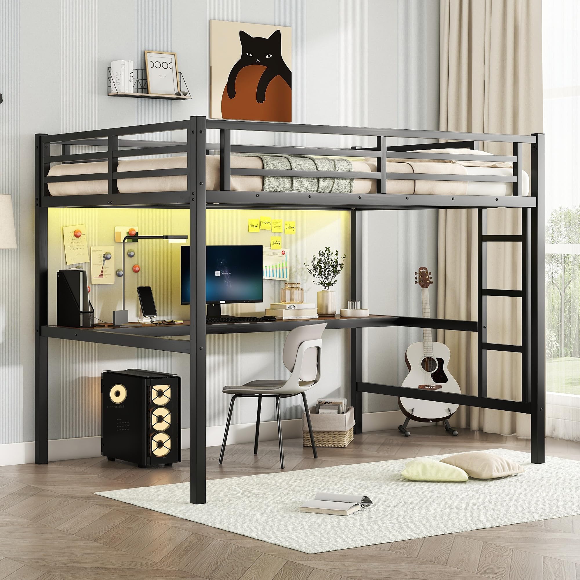 Bellemave Loft Bed Full Size with Desk, LED Lights,Charging Station, Full Size Metal Loft Bed Frame, Full loft Bed for Adults, K