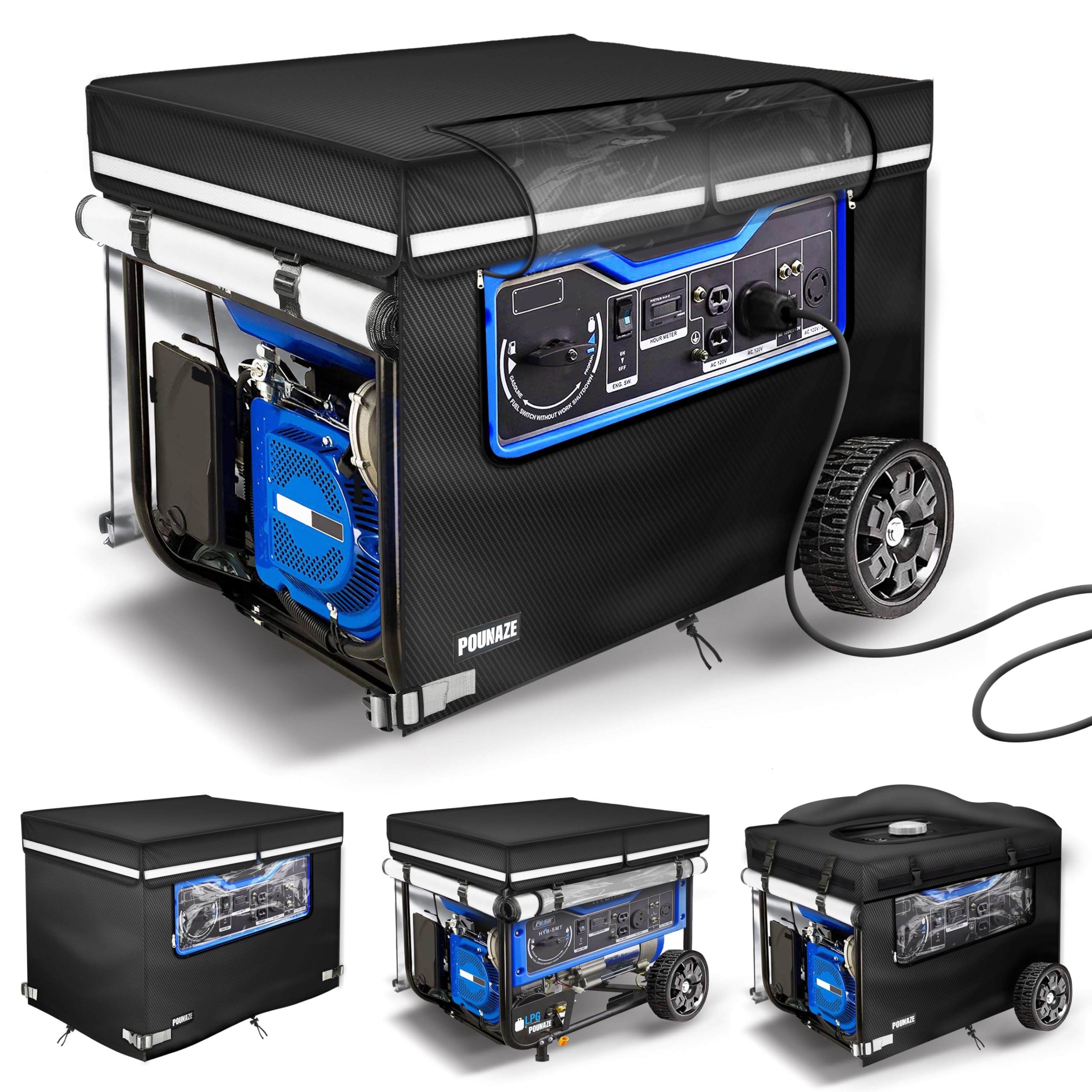 Generator Covers While Running. Generator Cover Measures 32'Lx24'Wx24'H. Double-Layer Fabric. Side Access To Control Panel An