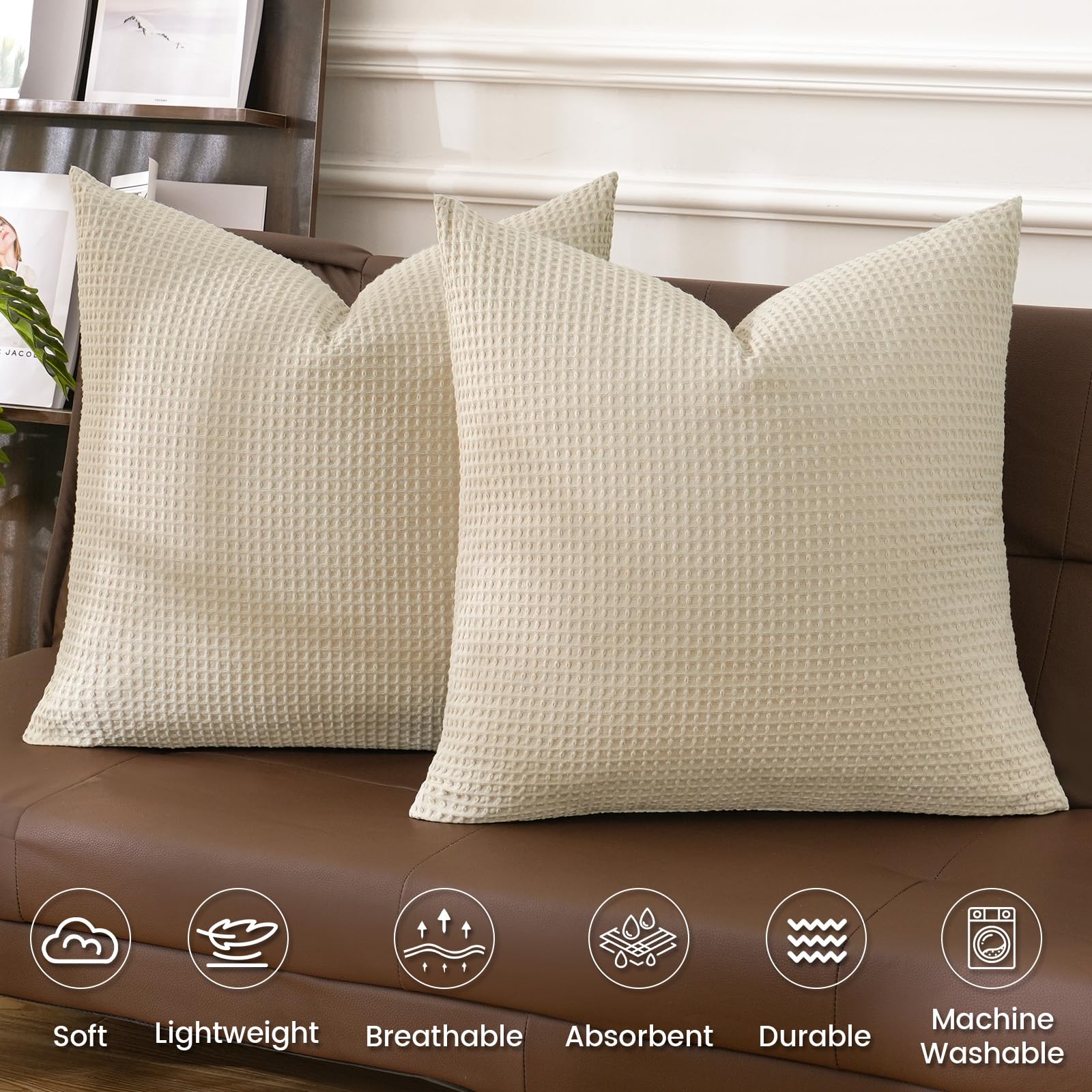 Phf 100% Cotton Waffle Throw Pillow Covers 24'X24', No Filling, 2 Pack Elegant Home Decorative Square Throw Pillow Covers For Bed Couch Sofa,Linen