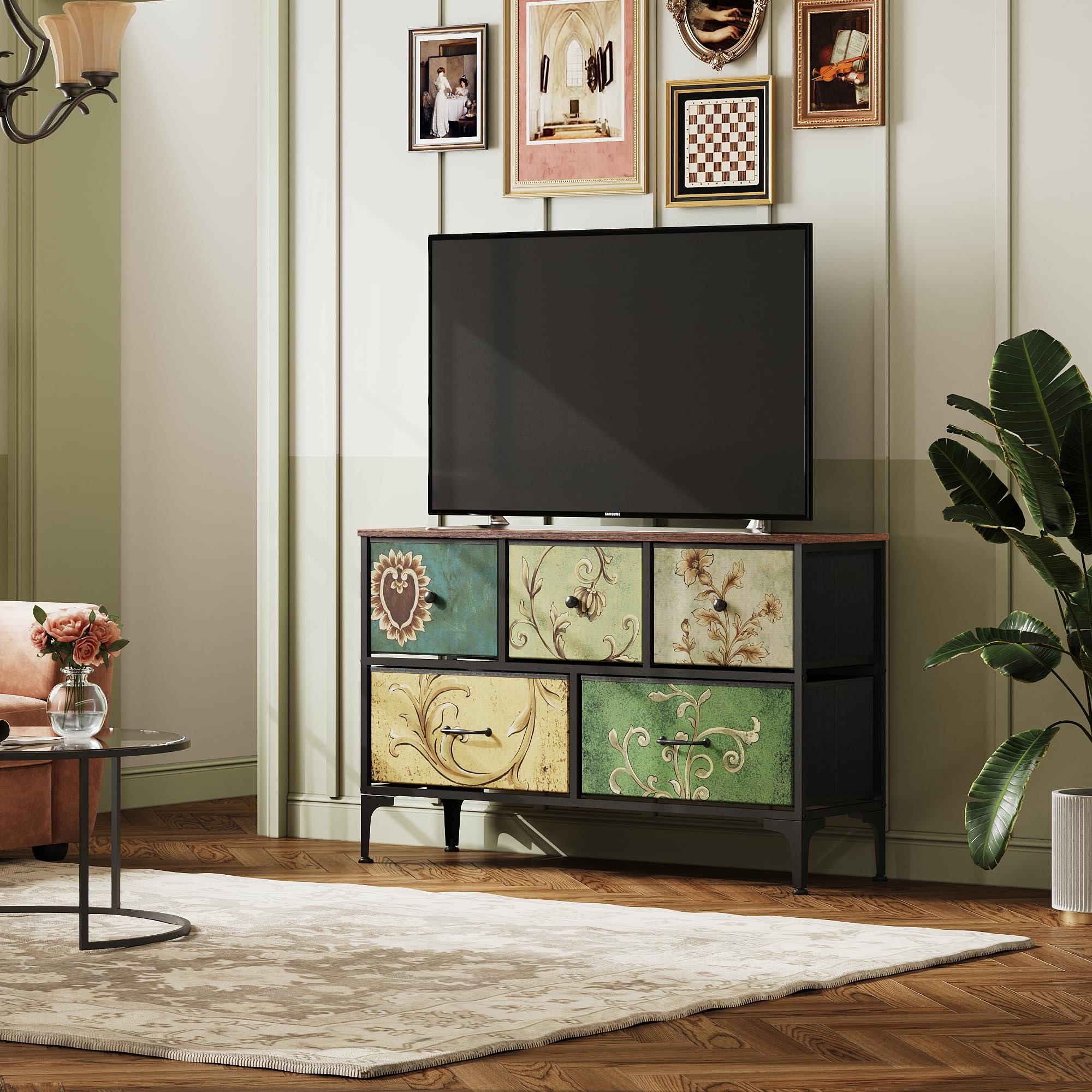 Wlive Dresser For Bedroom With 5 Drawers, Wide Chest Of Drawers, Fabric Dresser, Storage Organizer Unit With Fabric Bins For Closet, Living Room, Hallway, Floral Painted