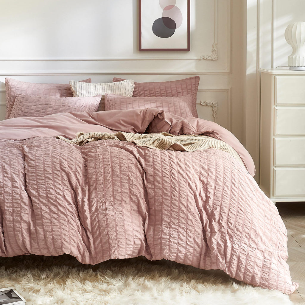 Jellymoni Smokey Pink Duvet Cover Queen Size, 3Pcs Washed Microfiber Bedding Set, Soft Breathable Seersucker Duvet Cover Set Wit