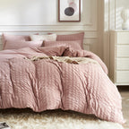 Jellymoni Smokey Pink Duvet Cover Queen Size, 3Pcs Washed Microfiber Bedding Set, Soft Breathable Seersucker Duvet Cover Set Wit