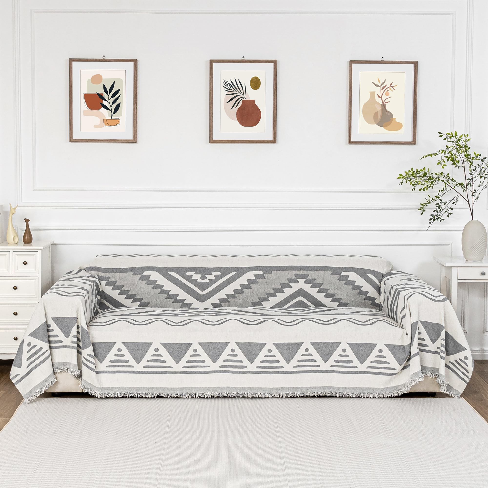 MYSKY HOME Sectional Couch Cover Grey Boho Geometric Sofa Covers for Sectional Sofa L Shape Chenille Couch Protector for Dogs Pe