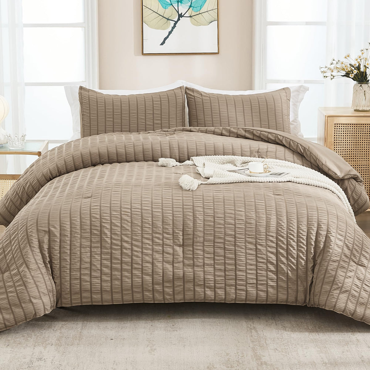 Avelom Taupe Seersucker Twin Comforter Set (68X90 Inches), 2 Pieces-100% Soft Washed Microfiber Lightweight Comforter With 1 Pillowcase, All Season Down Alternative Comforter Set For Bedding