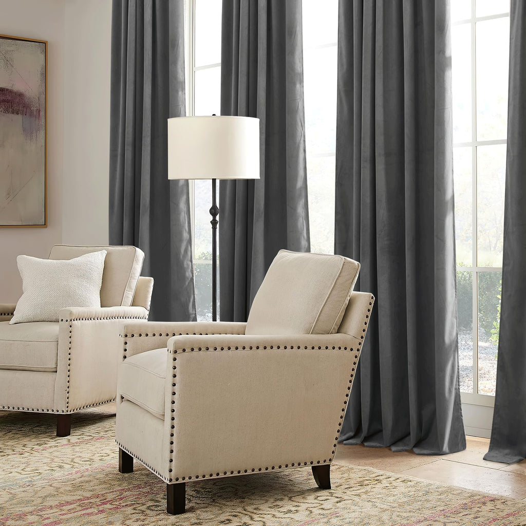 Ryb Home Velvet Blackout Curtains For Bedroom - Super Soft Room Darkening Curtains Thermal Insulated Drapes Heat Block Window Panels For Living Room, Wide 52 X Long 96, Grey, 2 Panels