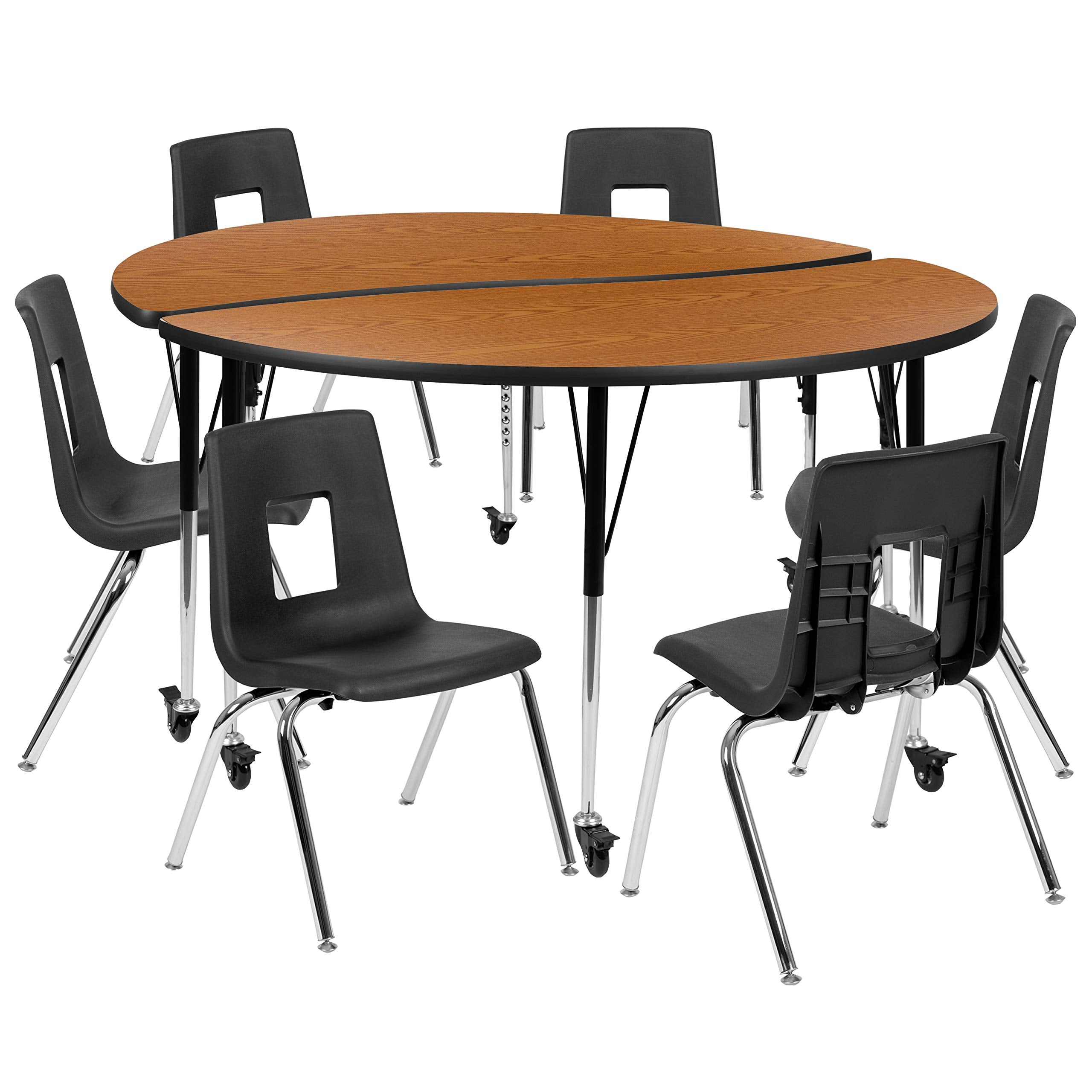Flash Furniture Mobile 60' Circle Wave Collaborative Laminate Activity Table Set With 18' Student Stack Chairs, Oak/Black